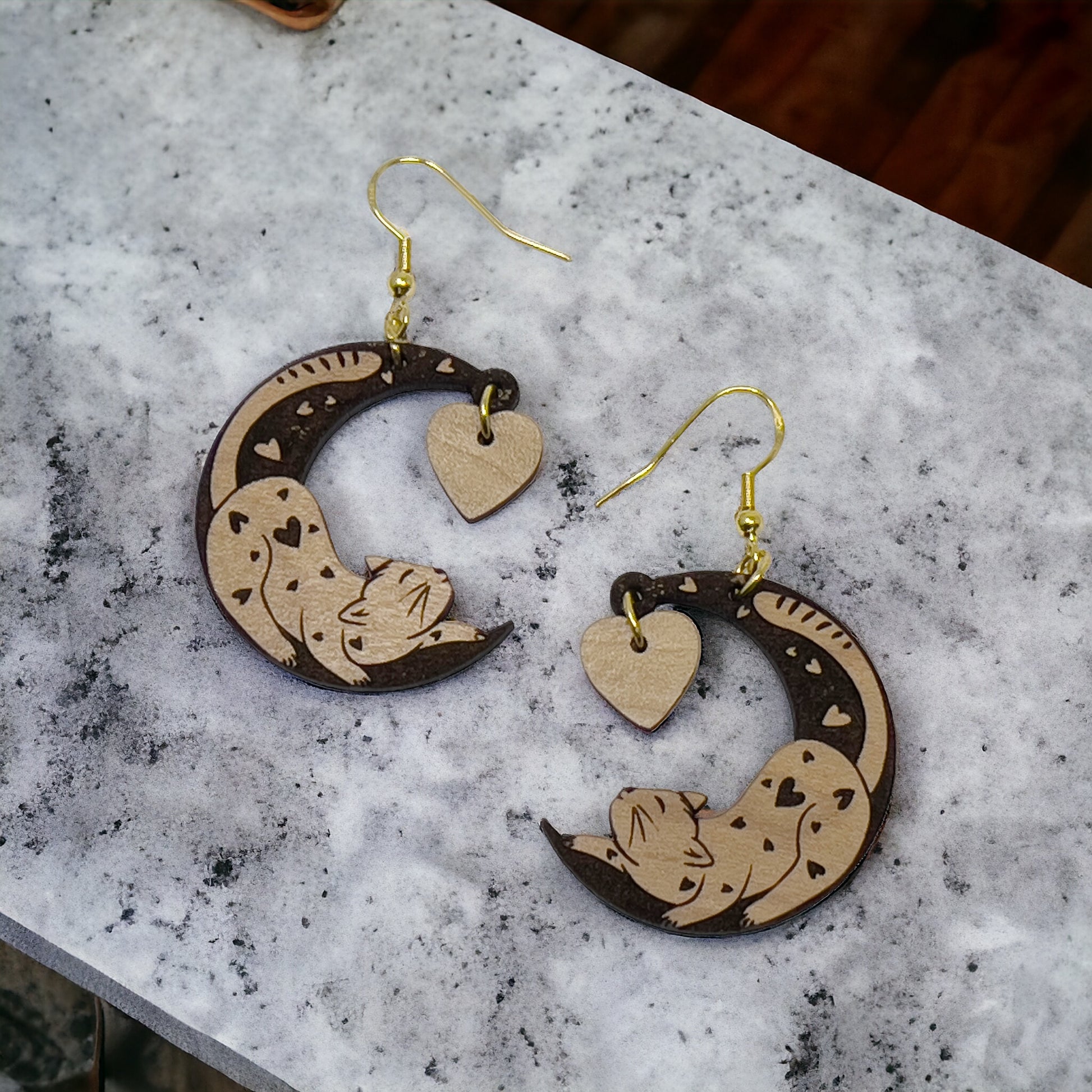Customizable Valentines Wood Crescent Moon Cat Heart Earrings, Personalized Handcrafted Dangle Earrings, Cute Gifts for Cat Lover Girlfriend