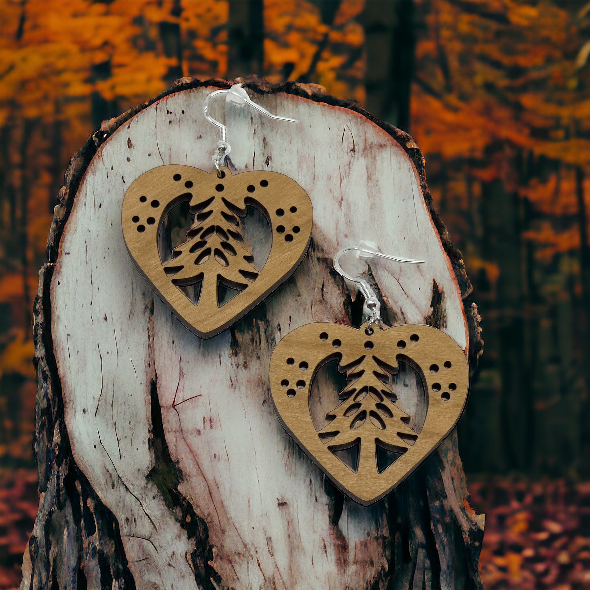 Heart Tree Cutout Earrings – Wooden Christmas Forest Dangles with Gold Hooks