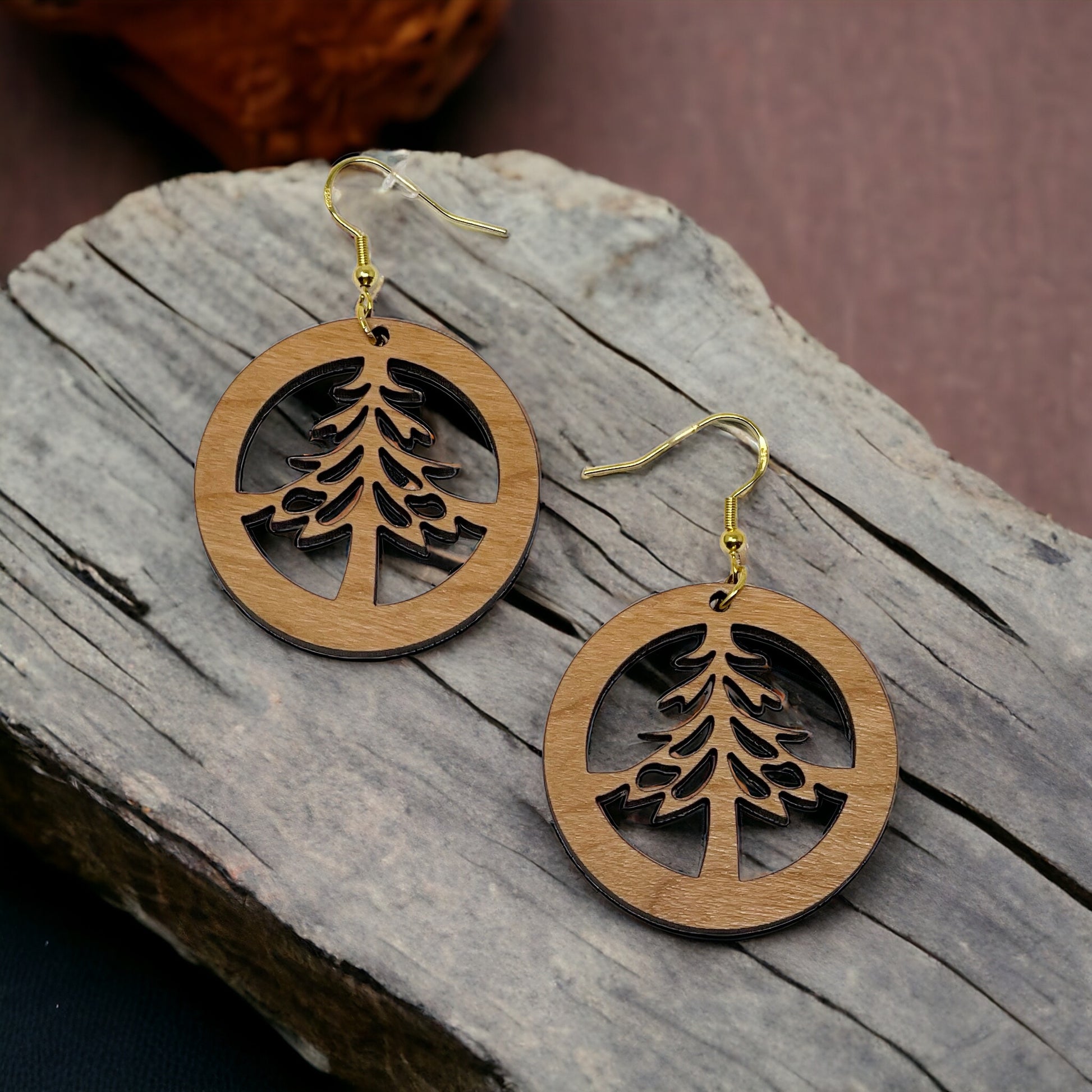 Circle Tree Cutout Earrings – Round Wooden Forest Holiday Jewelry