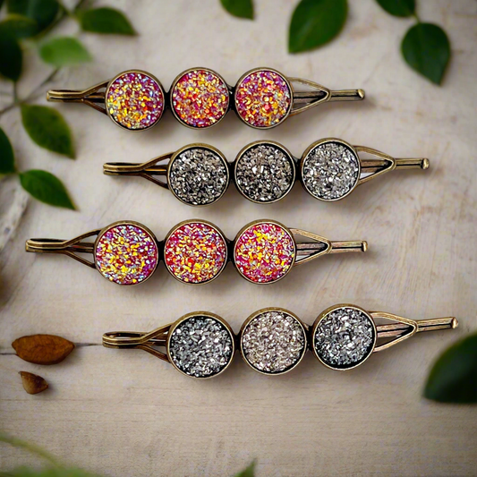 Metallic Gray & Pink Druzy Bobby Pins: Set of 4 Stylish Hair Accessories for Every Occasion