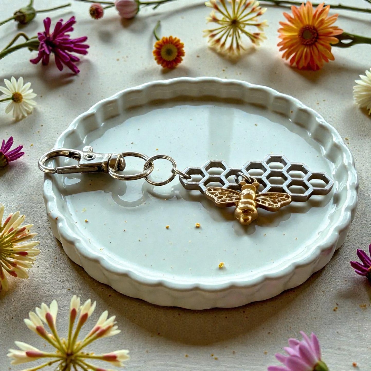 Bee & Honeycomb Purse Charm – Gold & Silver Bee Keychain for Women