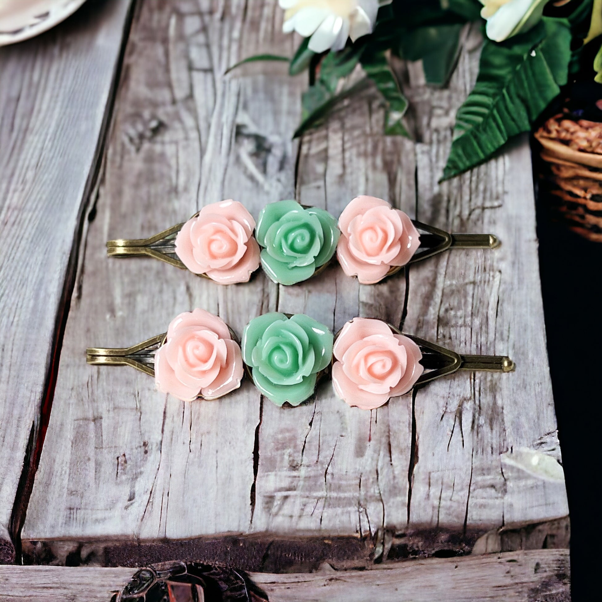 Blush & Mint Rose Hair Pins – Set of 2 Cottagecore Accessories