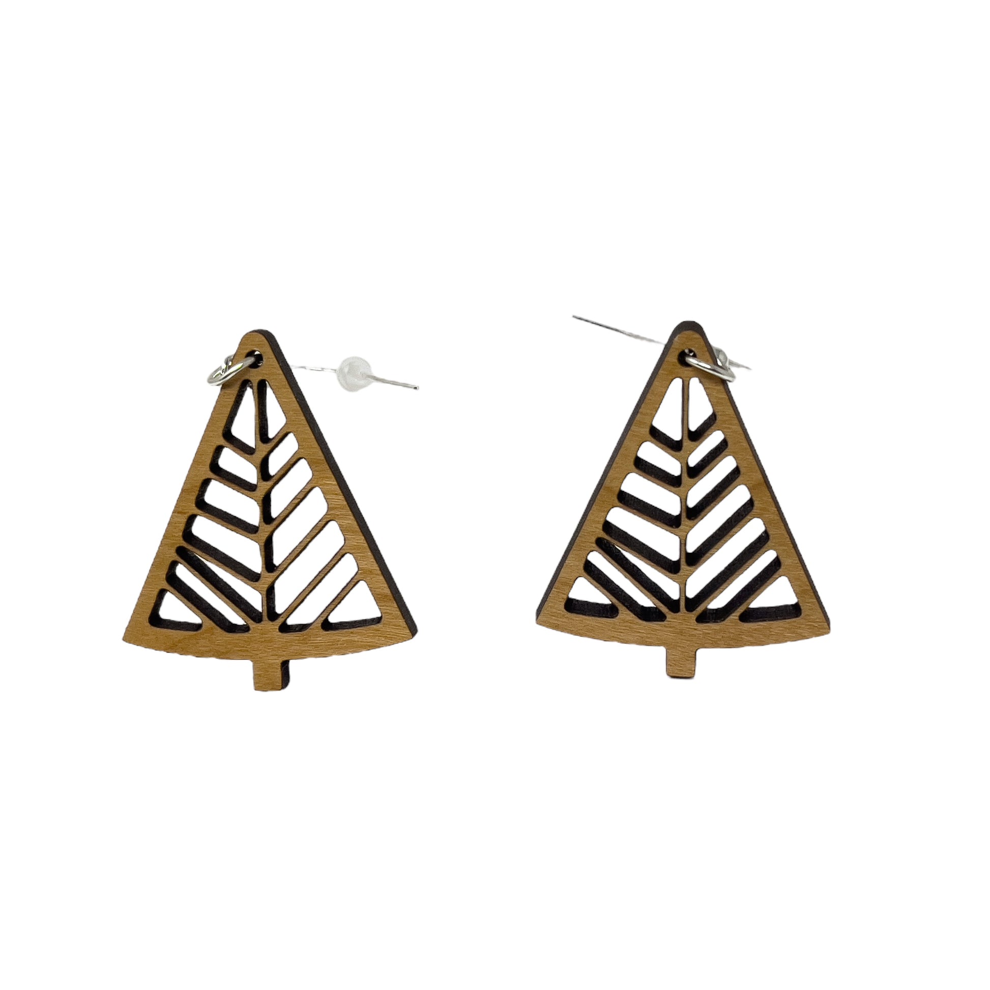 Geometric Tree Cutout Earrings – Modern Wooden Holiday Jewelry