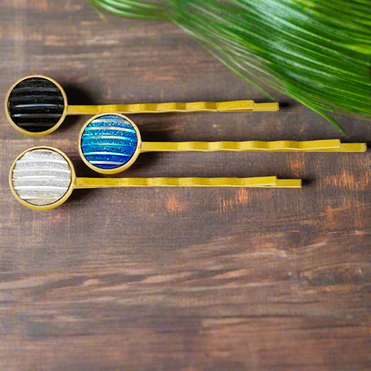 Blue, Black, and Silver Metallic Striped Hair Pins - Set of 3 Stylish Gold Hair Accessories