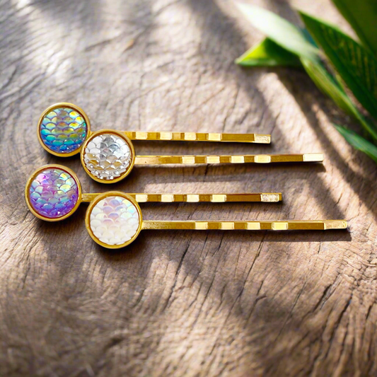 Gold Mermaid Hair Pins: Set of 4 in Purple, Silver, White, and Blue