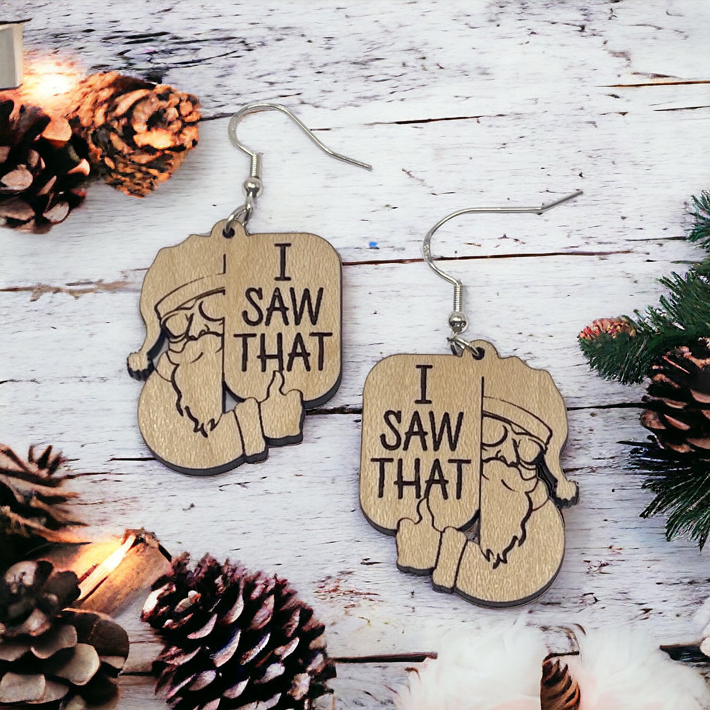 “I Saw That” Santa Earrings – Funny Etched Wood Christmas Jewelry