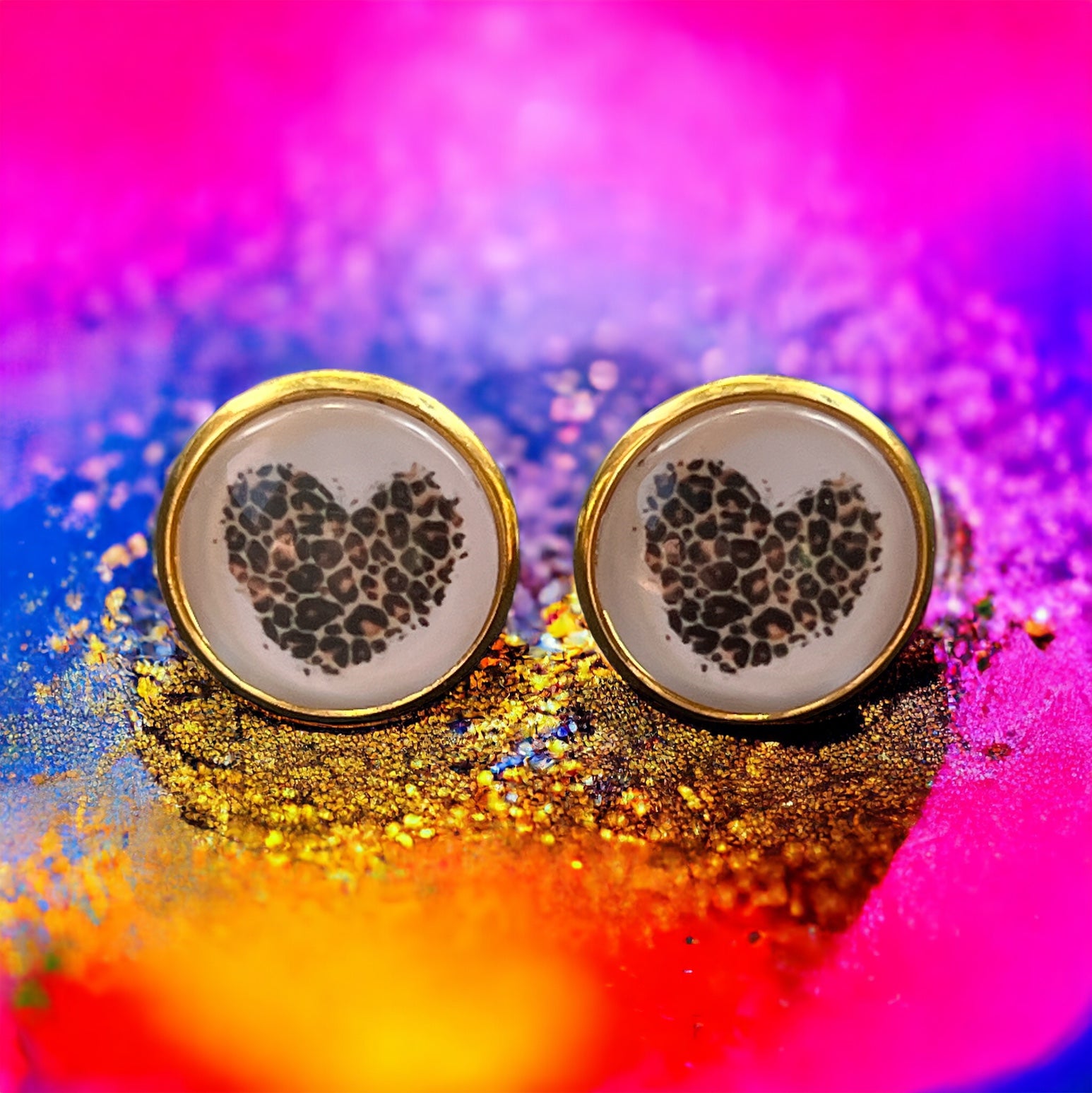 Animal Print Heart Gold Stud Earrings - Chic & Playful Accessories