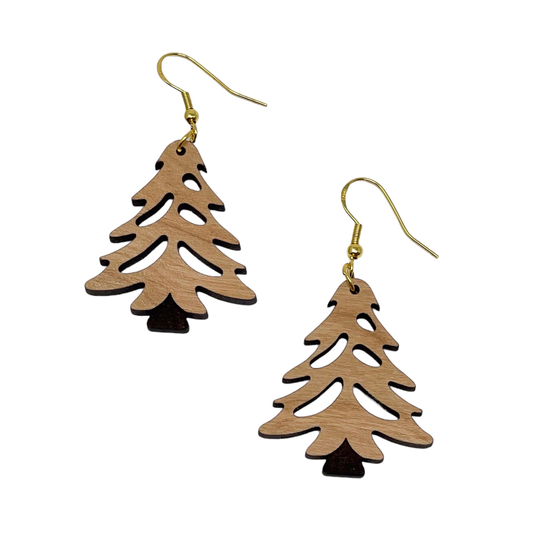 Rustic Tree Cutout Earrings – Wooden Christmas Tree Dangle Earrings