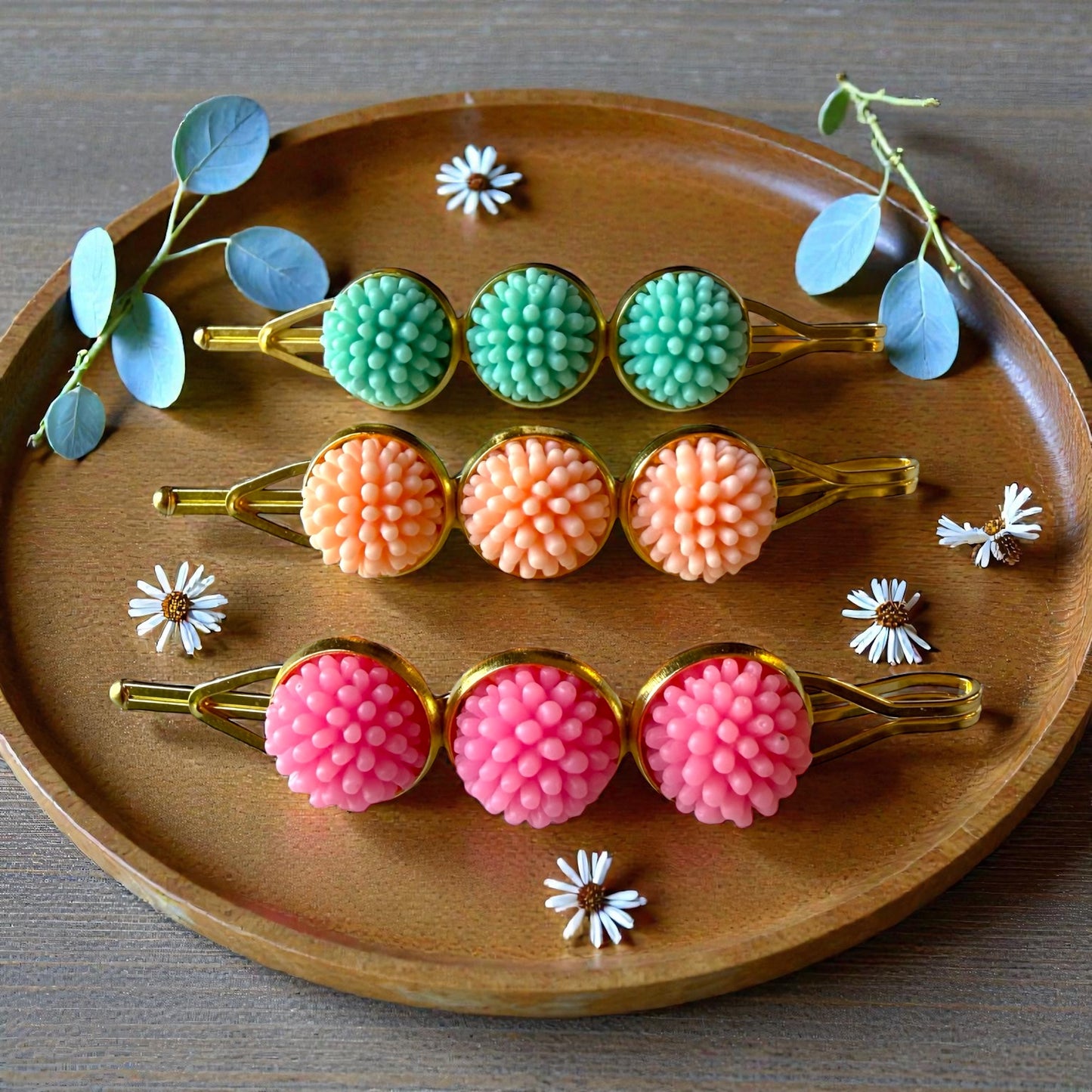 Pastel Pom Pom Flower Hair Pins – Pink Mint Peach Gold Bobby Pins