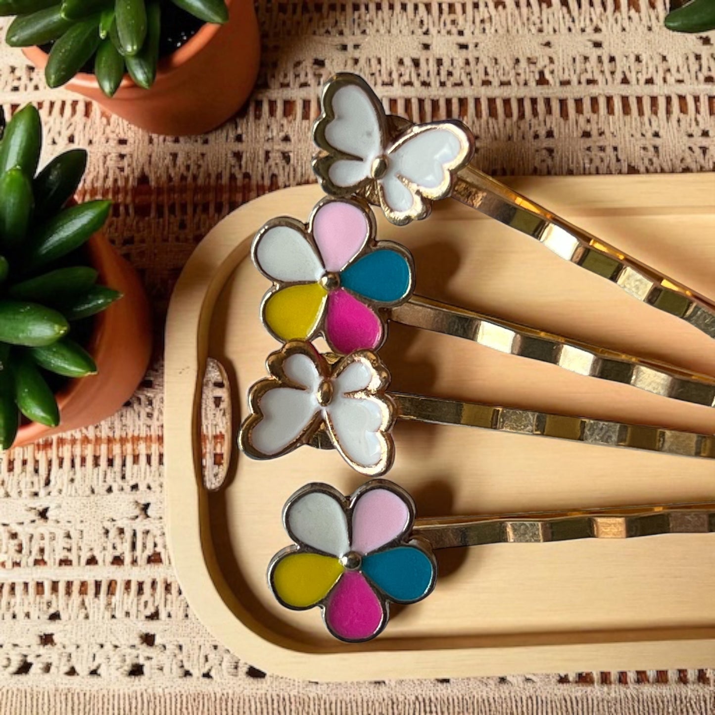 Colorful Flower & Butterfly Hair Pin Set – Handmade Whimsical Clips