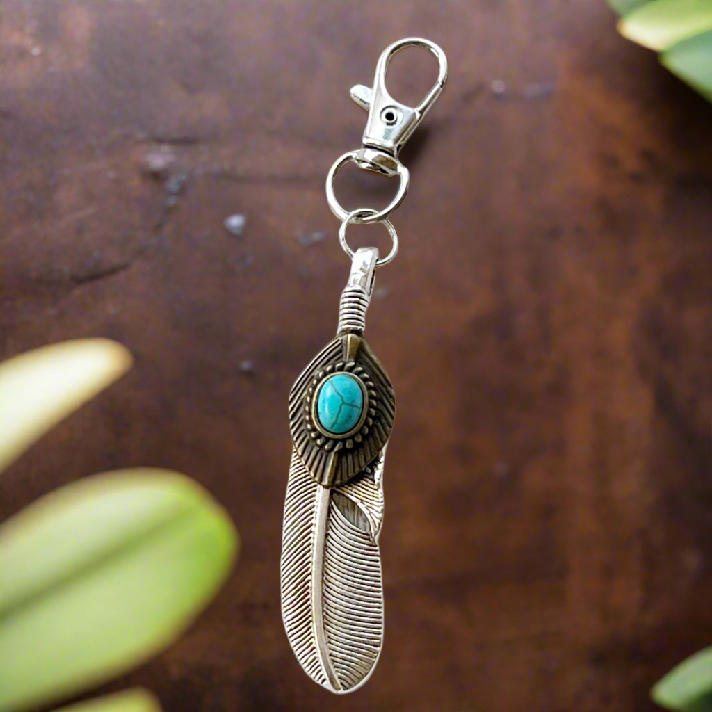 Turquoise Silver Feather Western Zipper Pull Keychain Charm