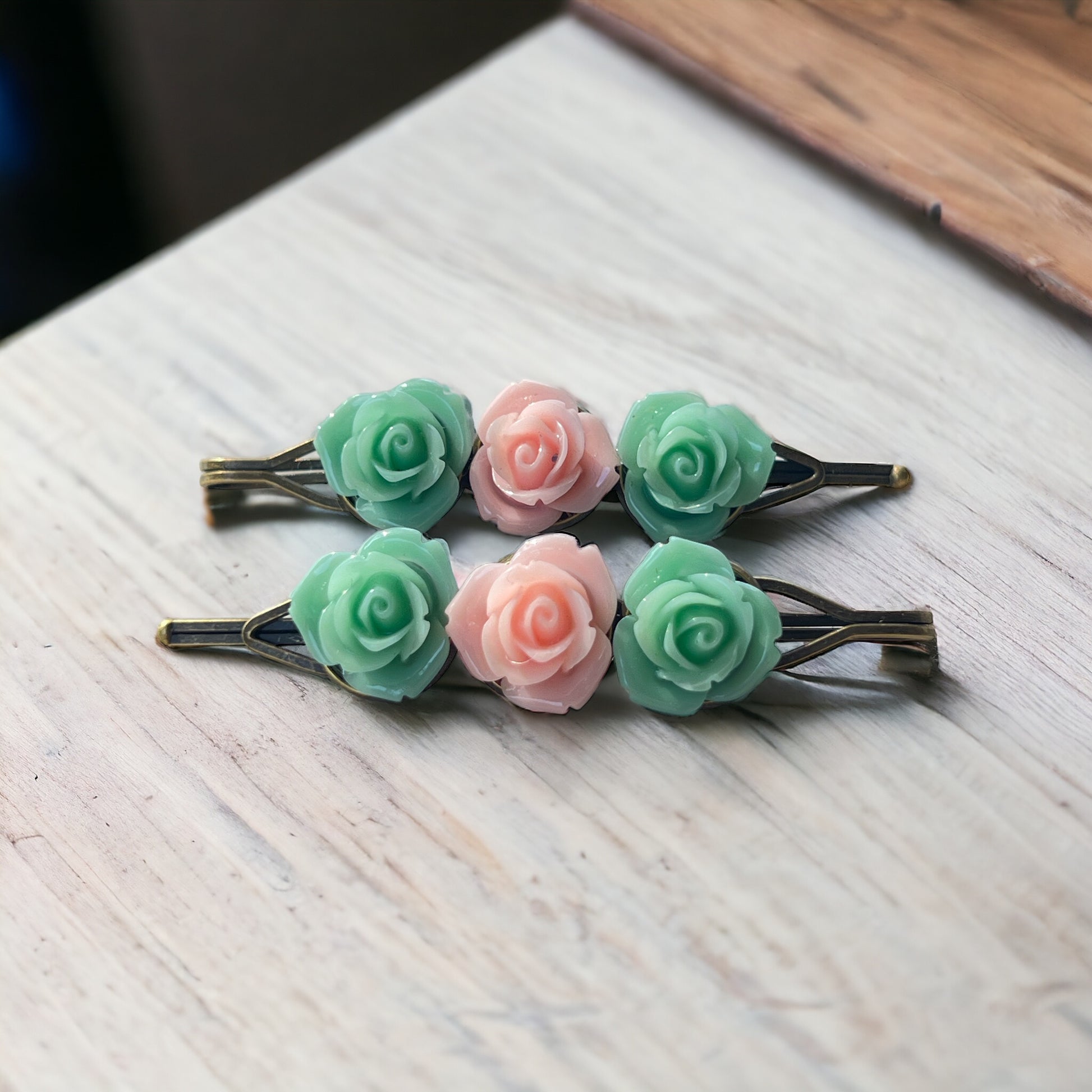 Mint & Blush Rose Hair Pins – Set of 2 Cottagecore Accessories