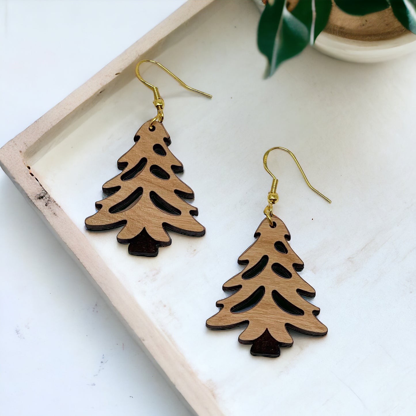Rustic Tree Cutout Earrings – Wooden Christmas Tree Dangle Earrings
