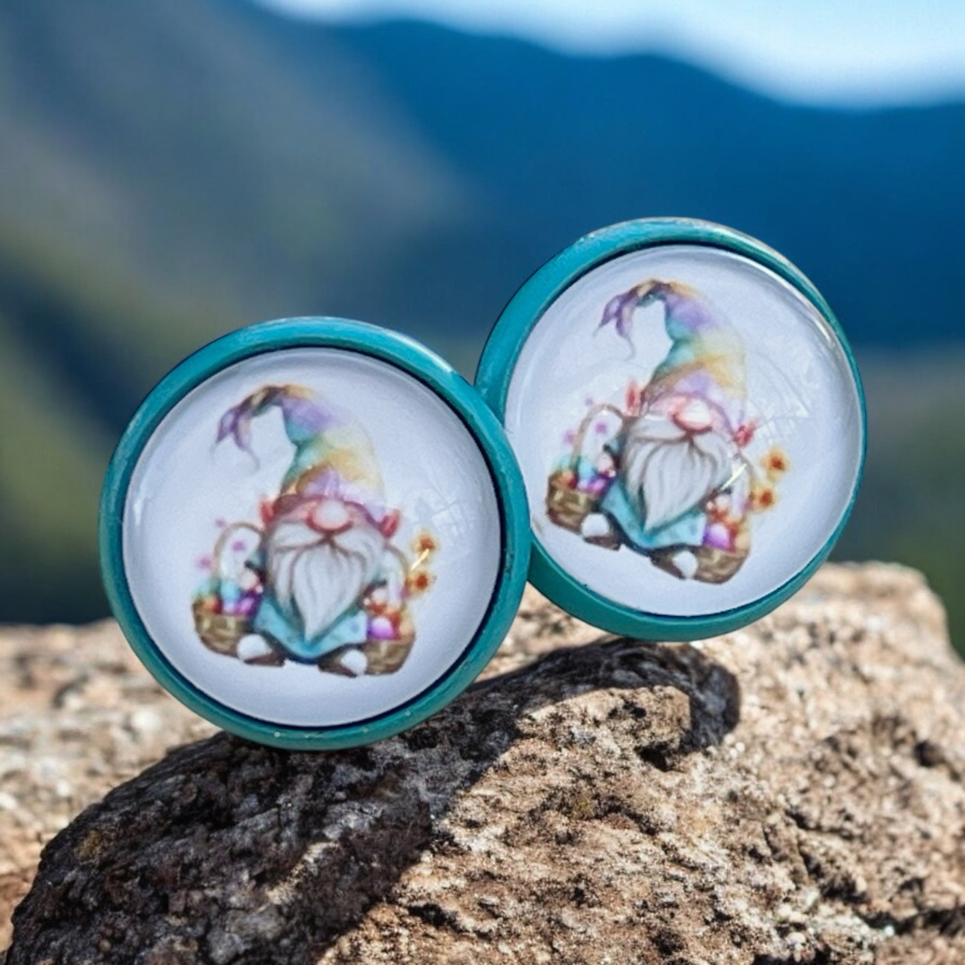 Handmade Easter Gnome Stud Earrings – 12mm Wooden Teal Edge Jewelry