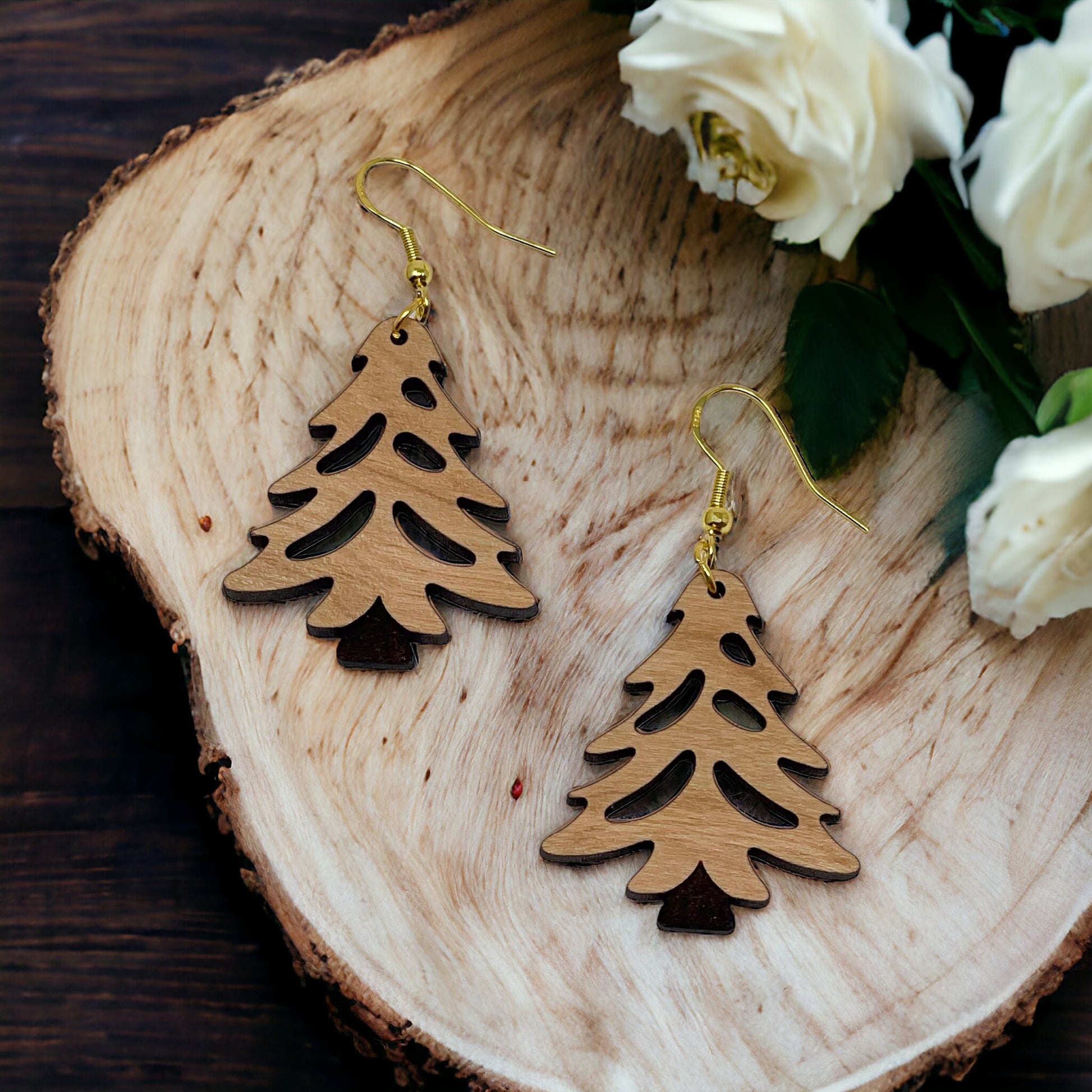 Rustic Tree Cutout Earrings – Wooden Christmas Tree Dangle Earrings