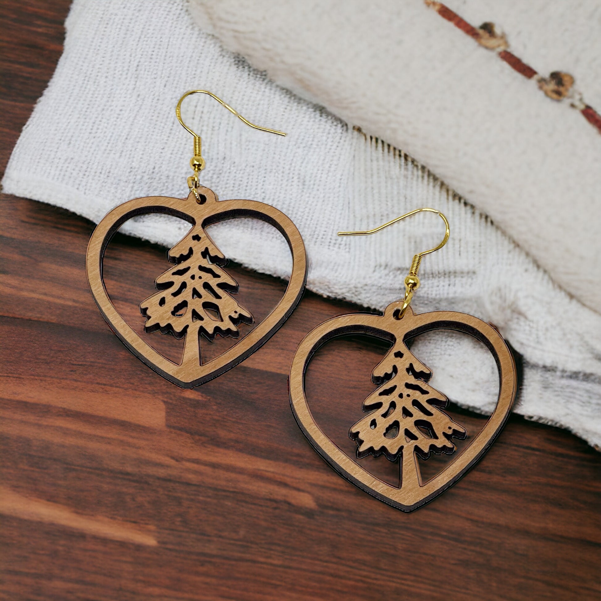 Heart Tree Cutout Earrings – Wooden Christmas Forest Dangles with Gold Hooks