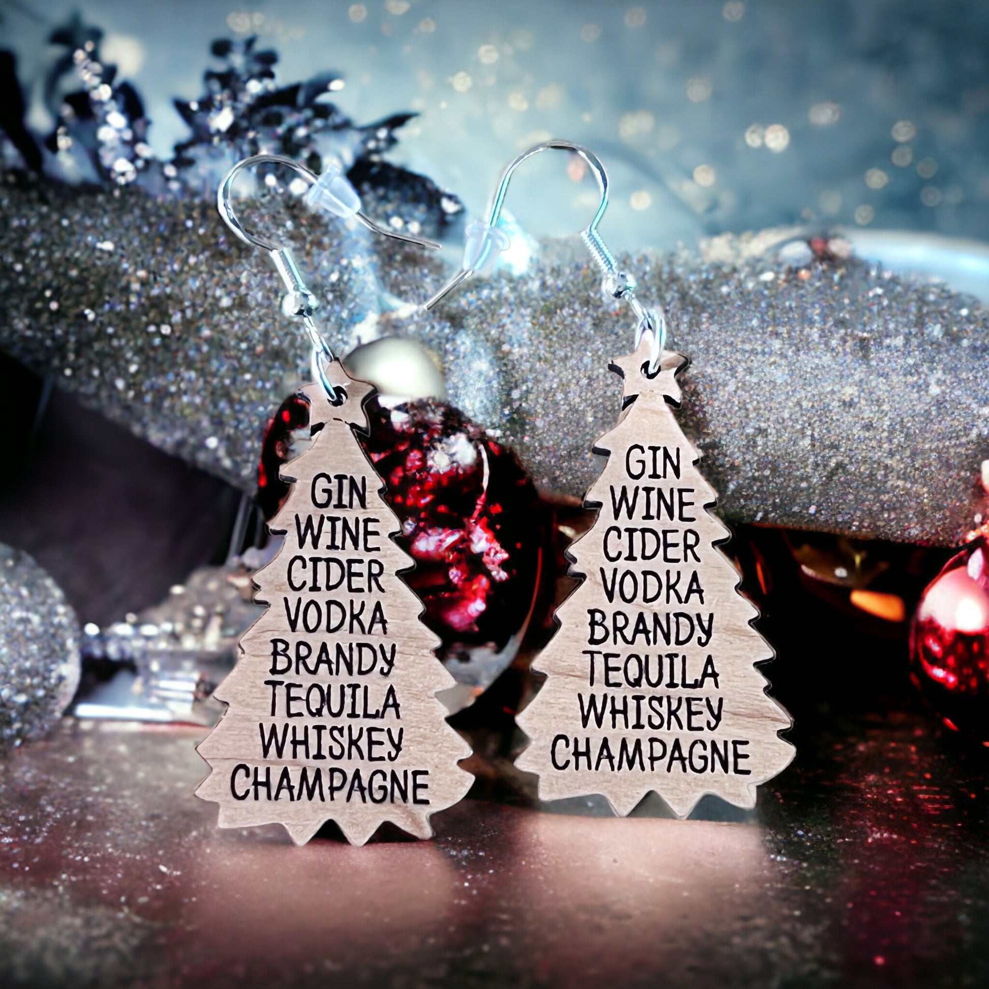 Holiday Drink List Tree Earrings – Funny Wooden Christmas Jewelry
