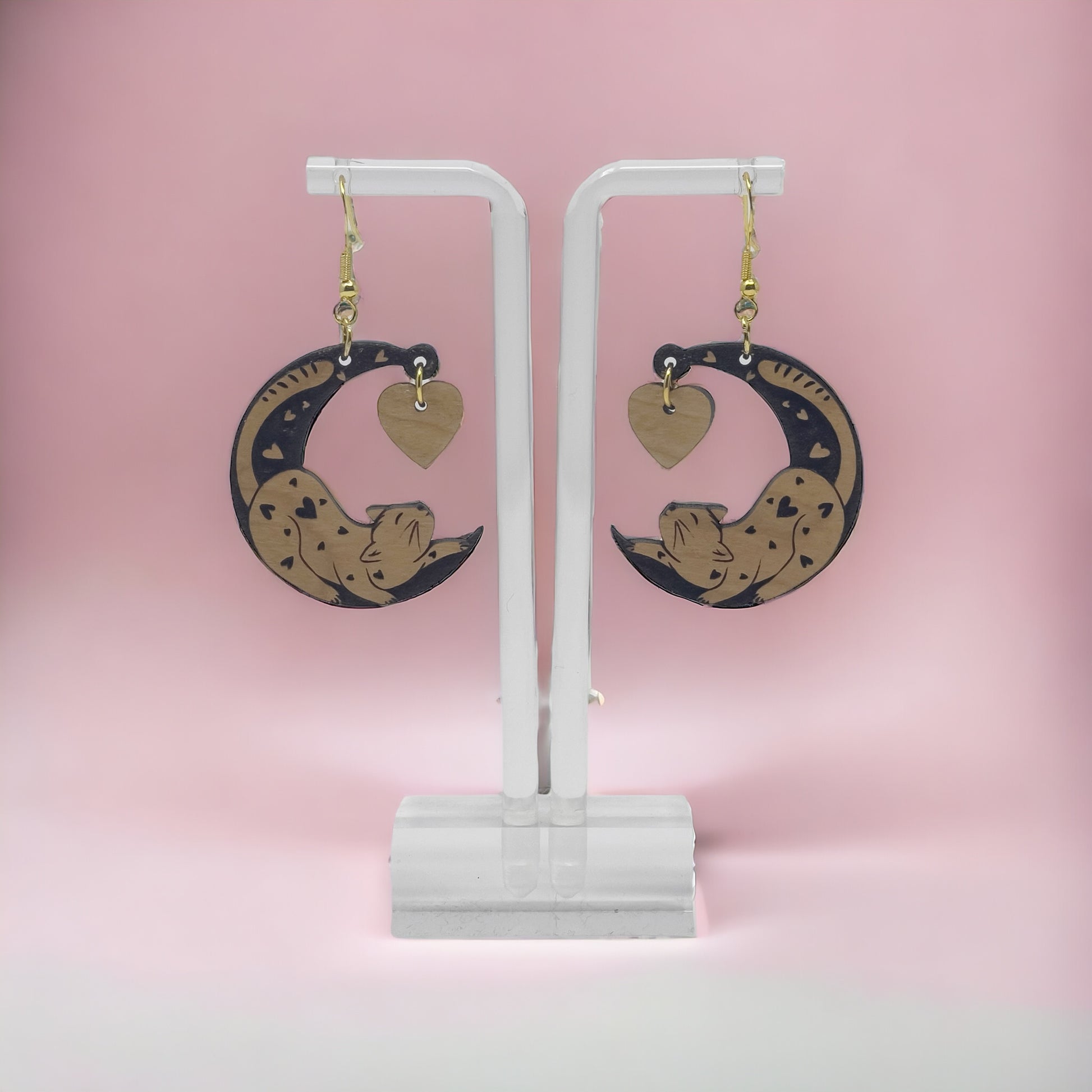 Customizable Valentines Wood Crescent Moon Cat Heart Earrings, Personalized Handcrafted Dangle Earrings, Cute Gifts for Cat Lover Girlfriend
