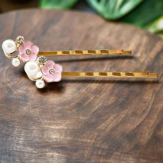 Pink Pearl & Rhinestone Flower Hair Pins: Boho Accessories