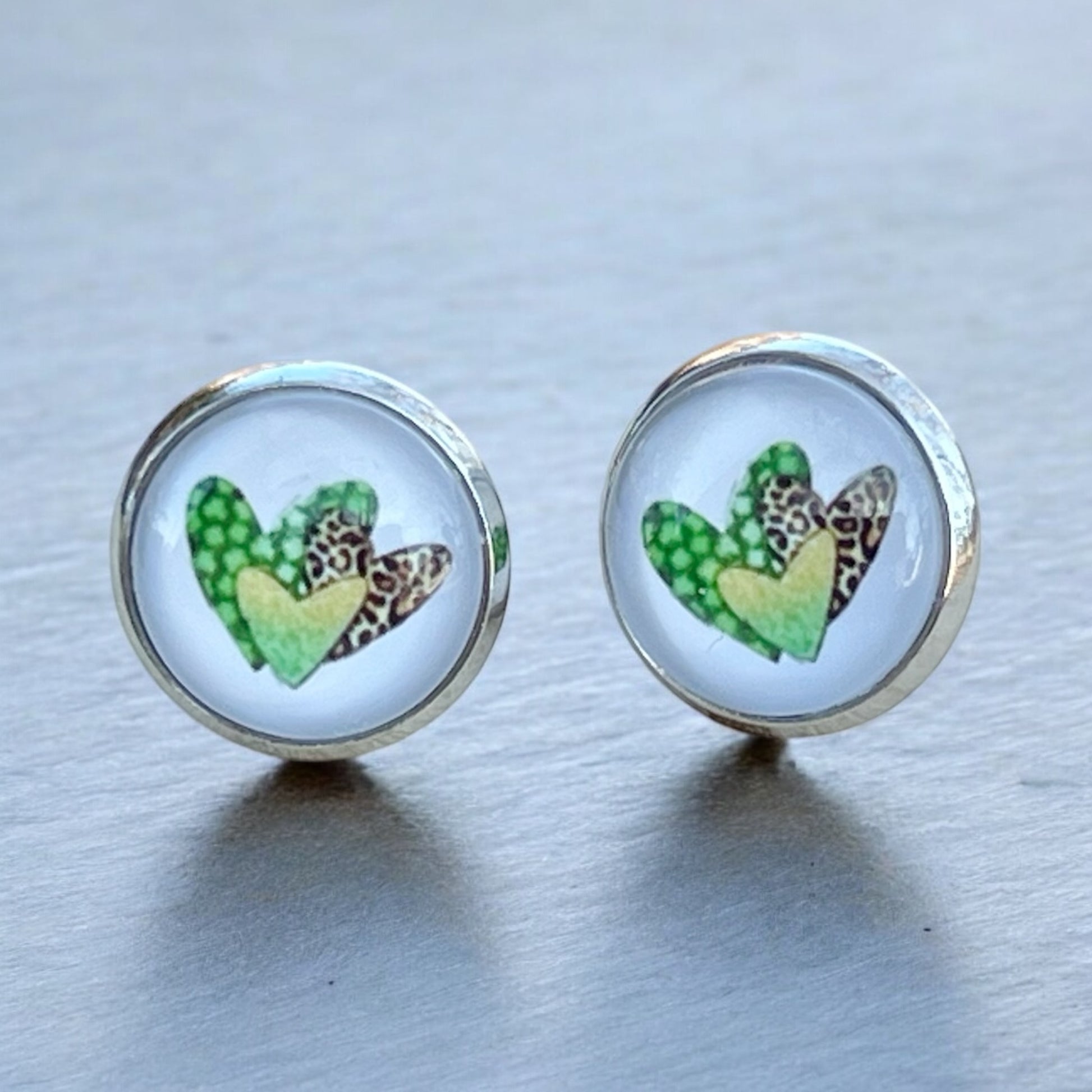 Animal Print Heart Stud Earrings – Handmade Silver Jewelry