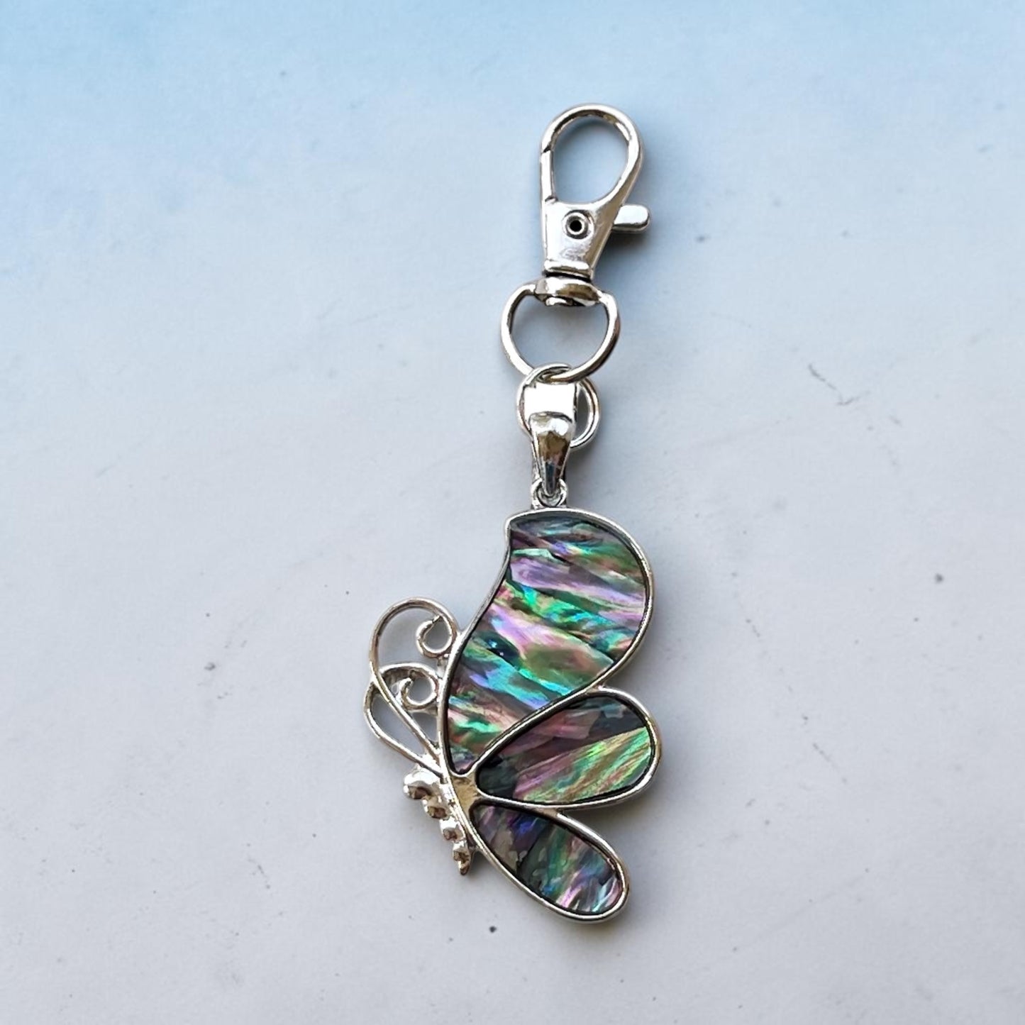 Abalone Butterfly Purse Charm – Silver Nature-Inspired Bag Accessory
