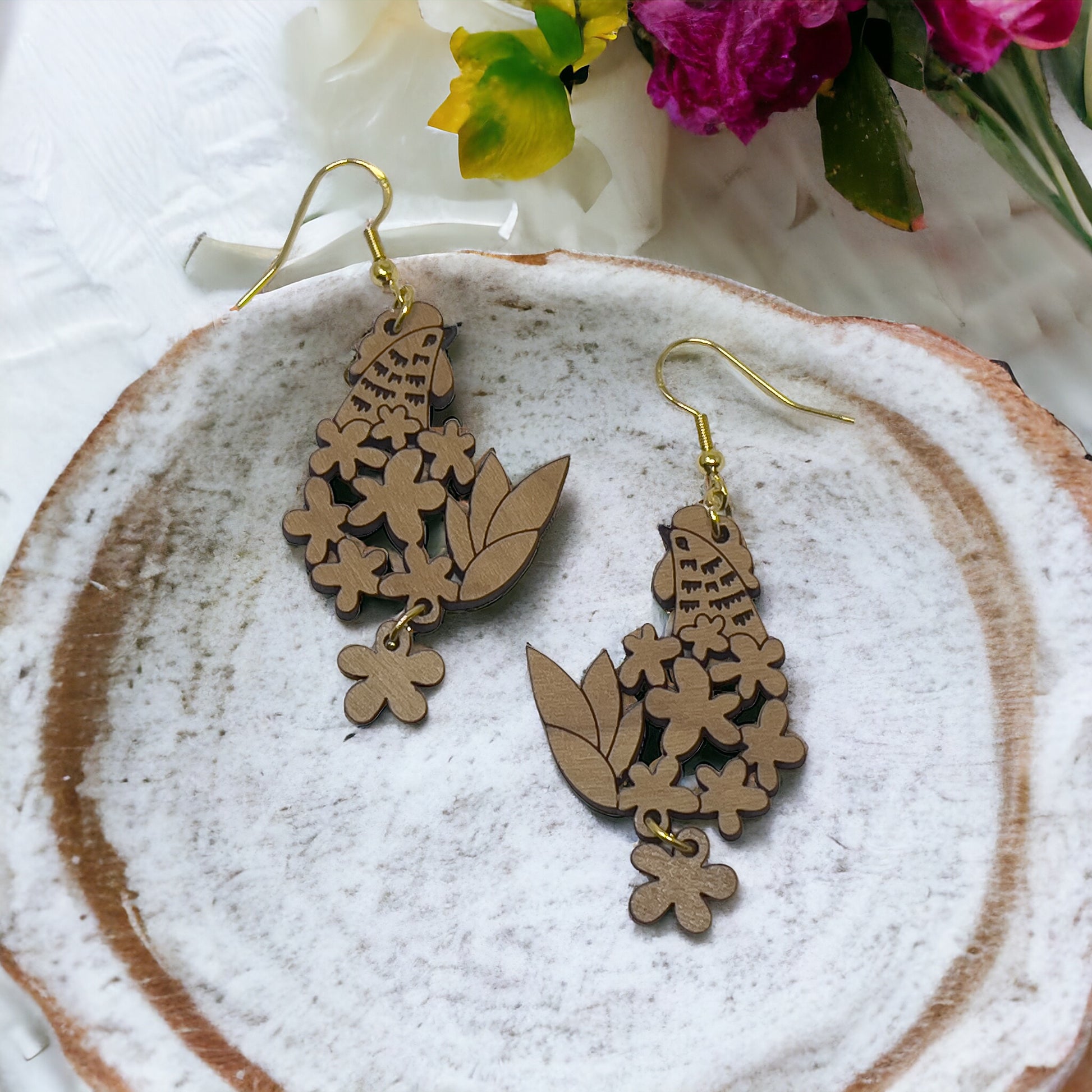 Floral Chicken Wood Earrings – Boho Farmhouse Nature Jewelry