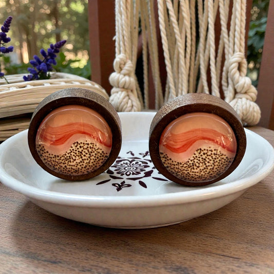 Desert Sunrise Boho Wood Stud Earrings – Peach & Terracotta Dots