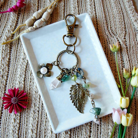 Earthy Leaf Gemstone Purse Charm – Boho Nature Keychain for Her