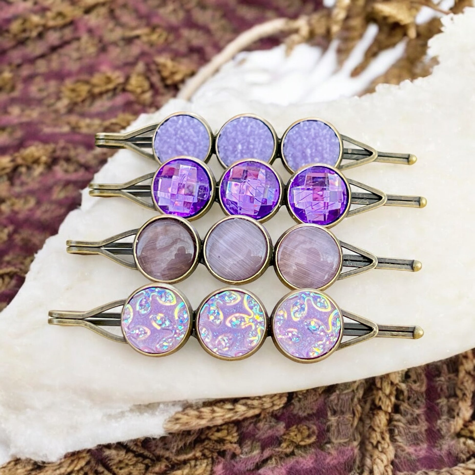 Purple Druzy Hair Pins – Set of 4 Sparkly Boho Accessories