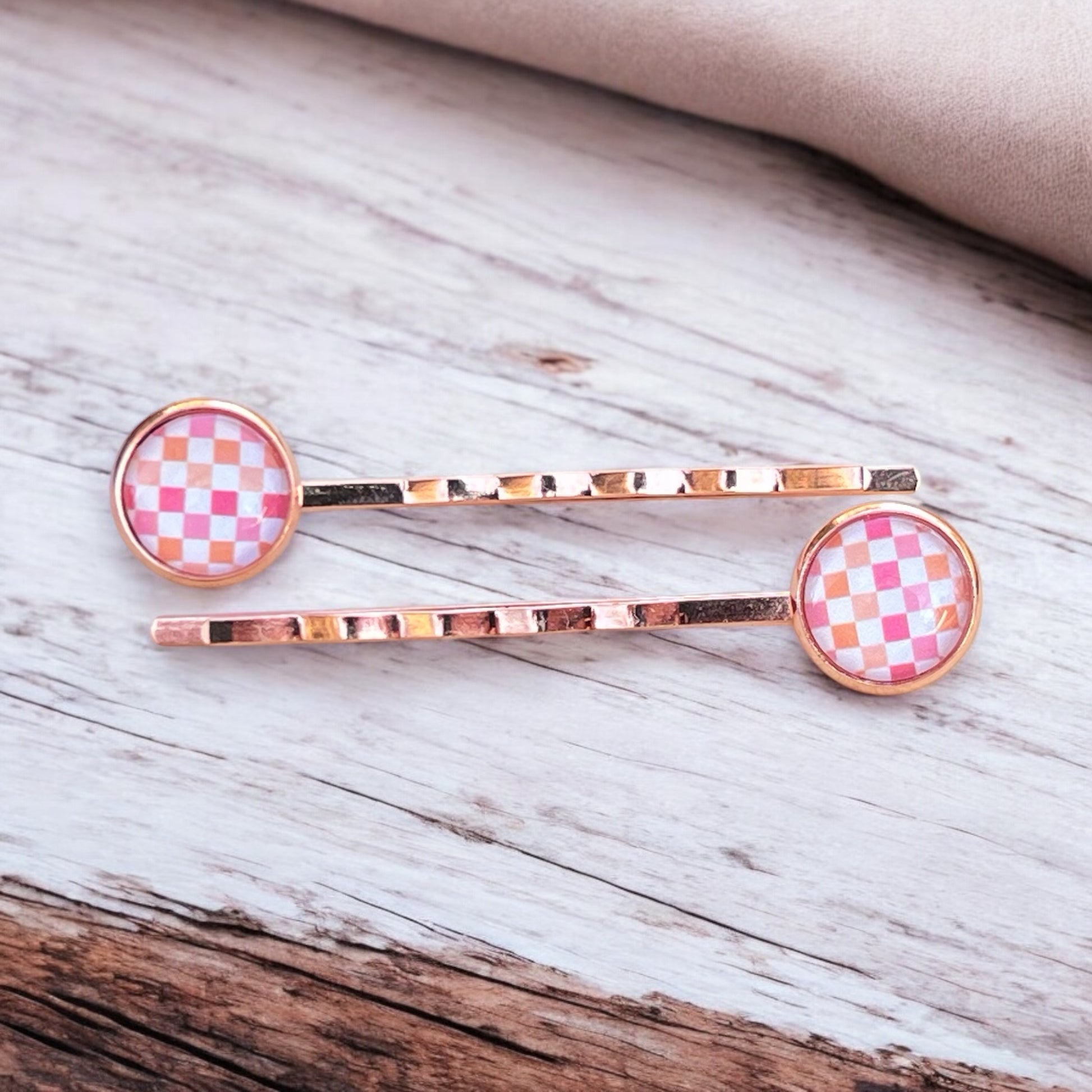Pink & Orange Gingham Hair Pins – Set of 2 Rose Gold Accessories