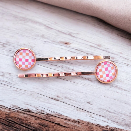 Pink & Orange Gingham Hair Pins – Set of 2 Rose Gold Accessories