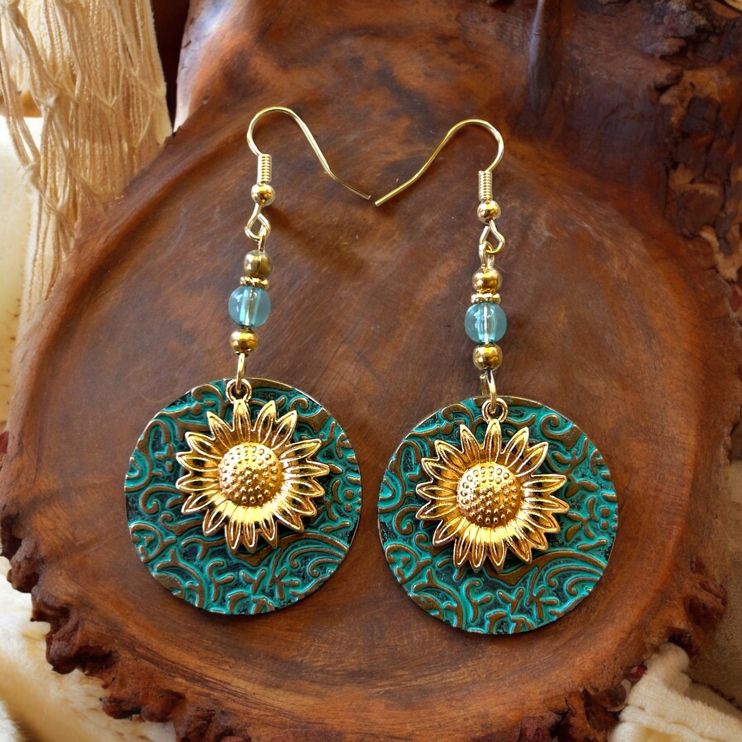 Patina Metal Dangle Earrings – Gold Sunflower Design