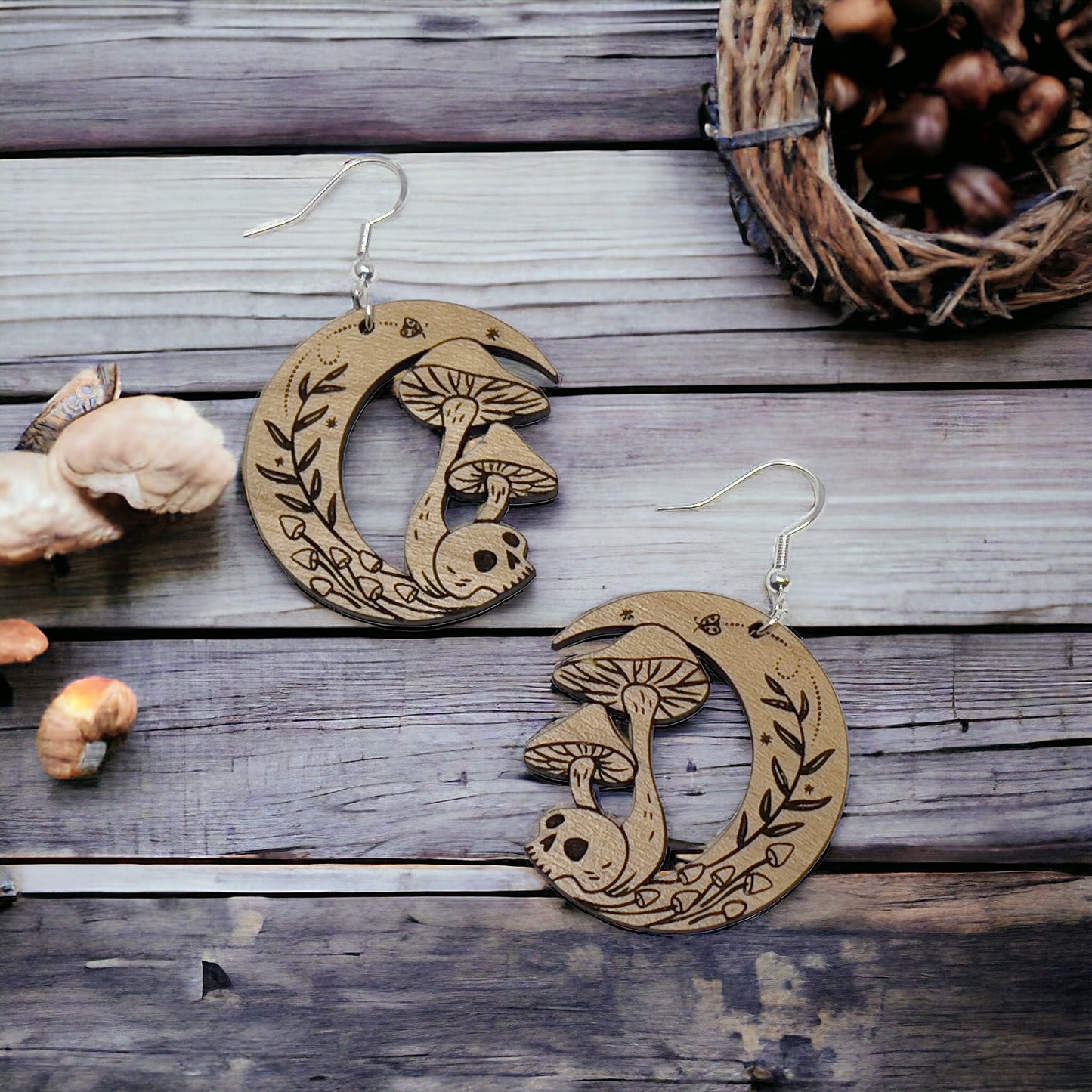Mushroom Skull Moon Earrings – Woodland Whimsy Boho Statement Jewelry