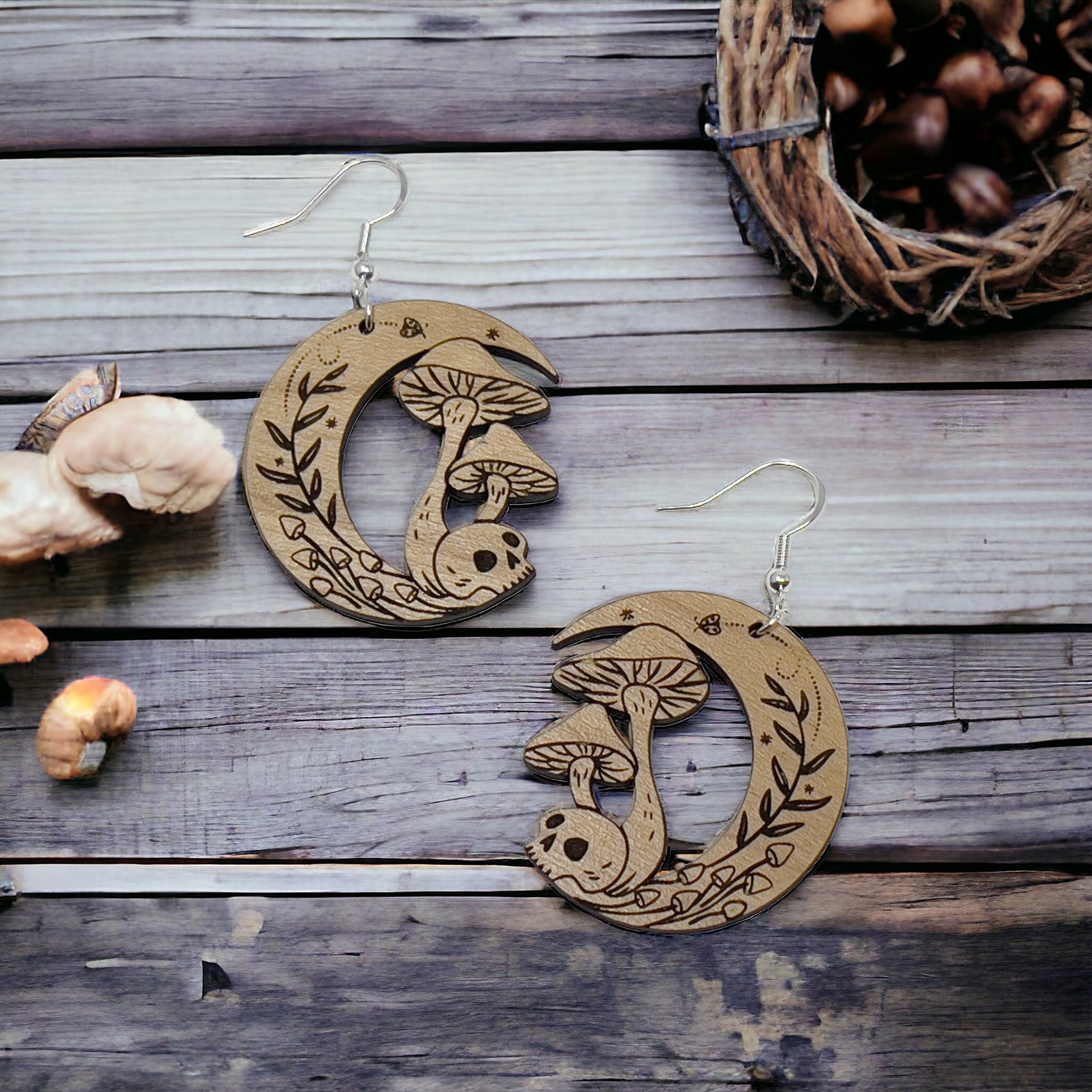 Mushroom Skull Moon Earrings – Woodland Whimsy Boho Statement Jewelry