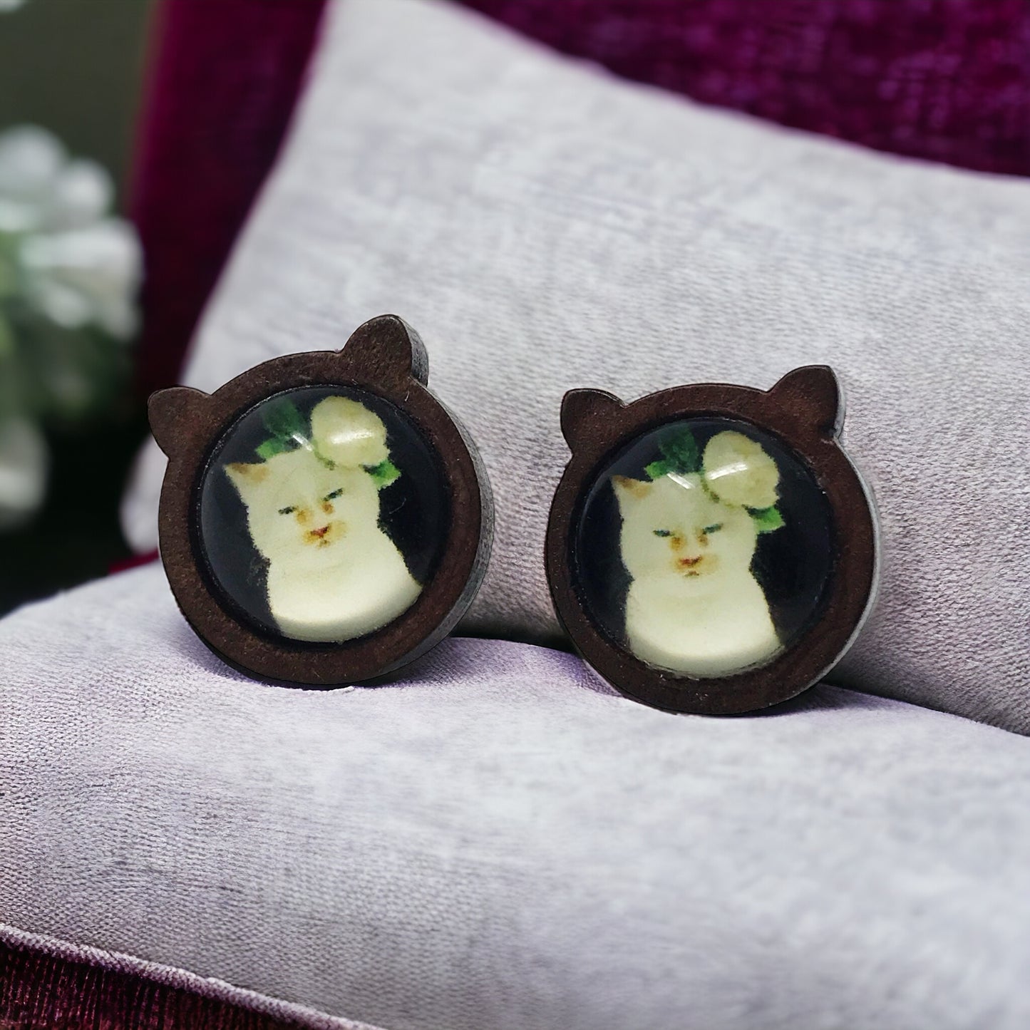 Whimsical Cat & Flower Earrings - Handmade Wooden Cat Shaped Jewelry for Stylish Cat Enthusiasts