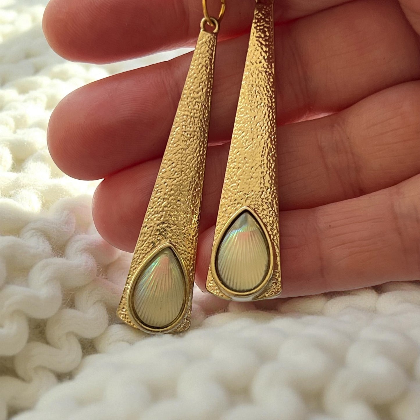 Textured Gold Teardrop Earrings – Iridescent Shell Dangles