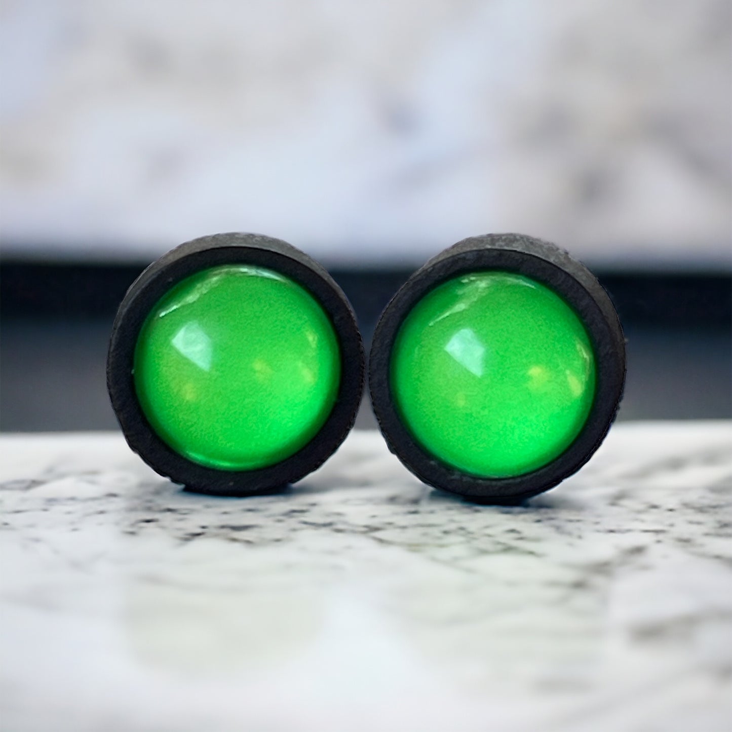 Neon Green Dome Stud Earrings – Bold Black Statement Jewelry