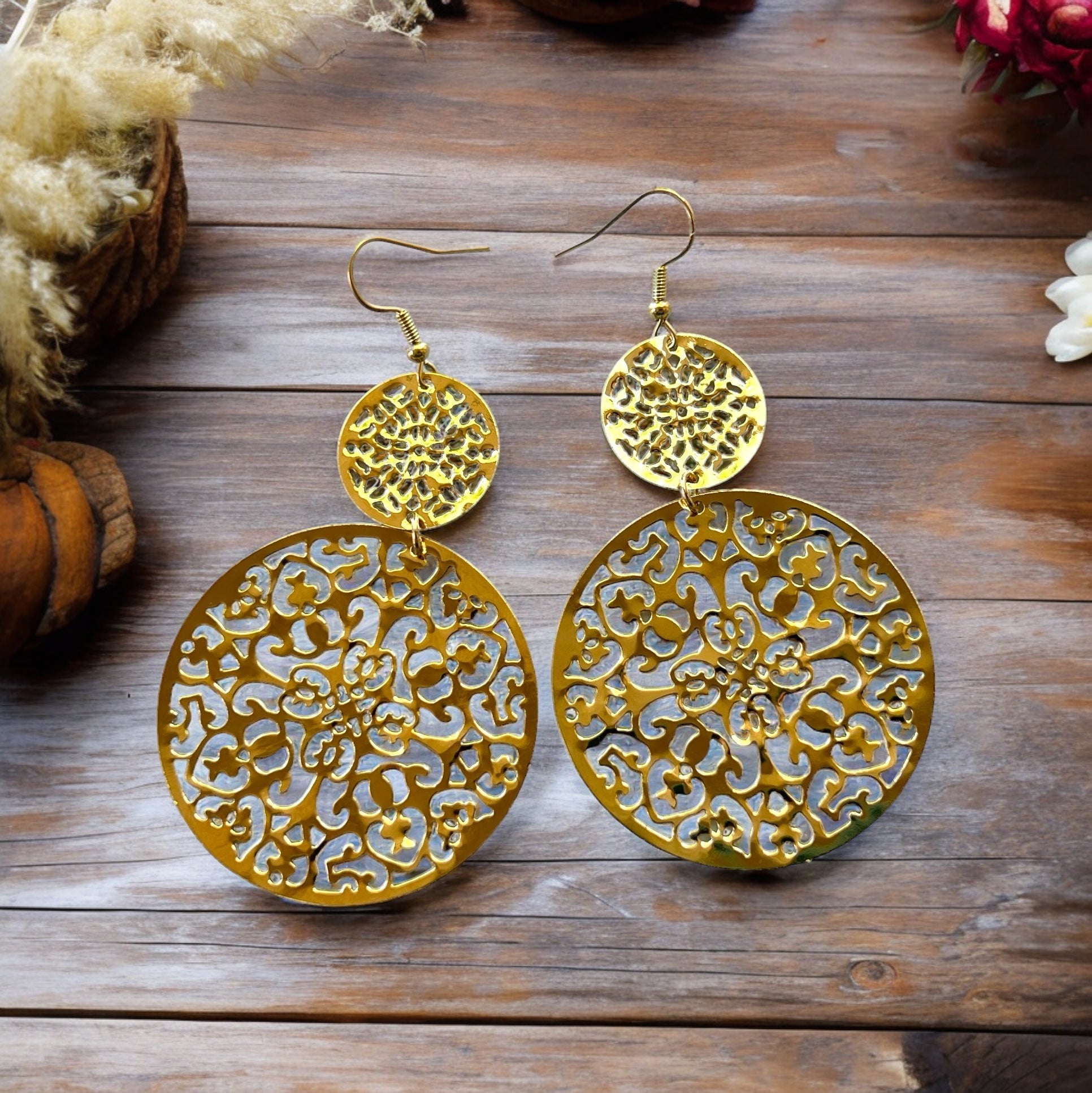 Gold Filigree Dangle Earrings – Elegant Round Jewelry