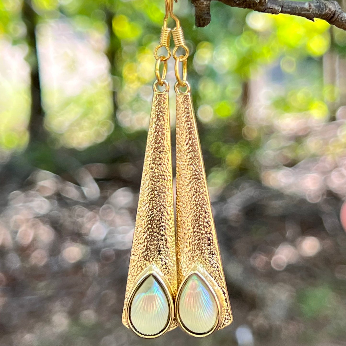 Textured Gold Teardrop Earrings – Iridescent Shell Dangles
