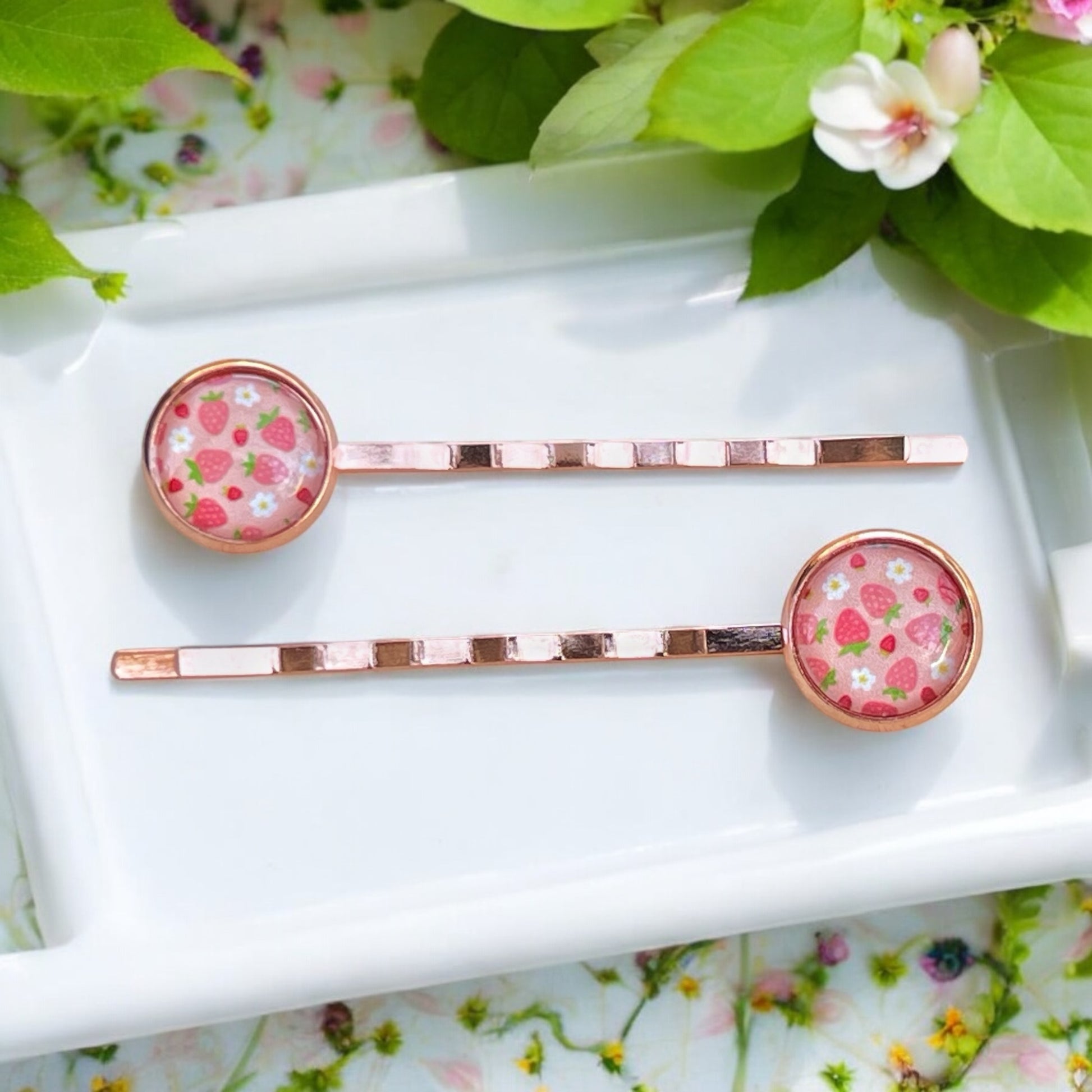 Pink Strawberry Hair Pins – Set of 2 Rose Gold Fruit-Inspired Accessories