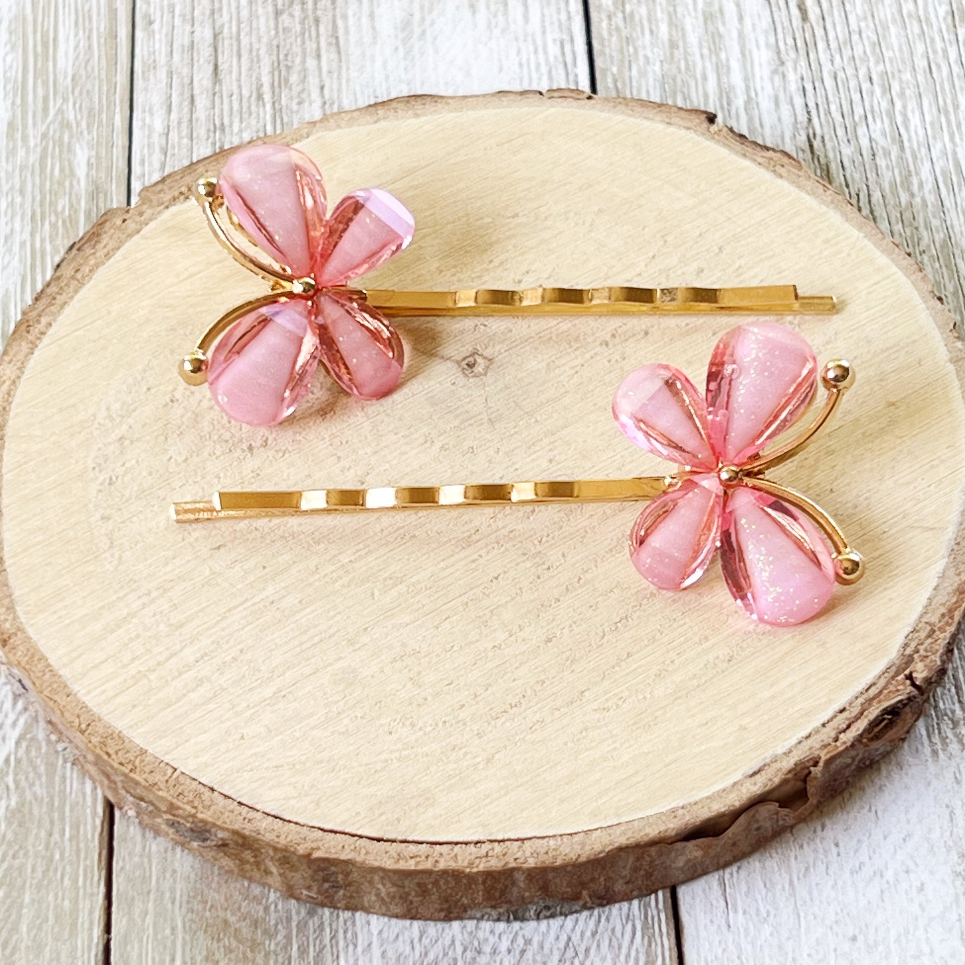 Pink Butterfly Hair Pins – Glittery Resin Hair Clips with Gold Base