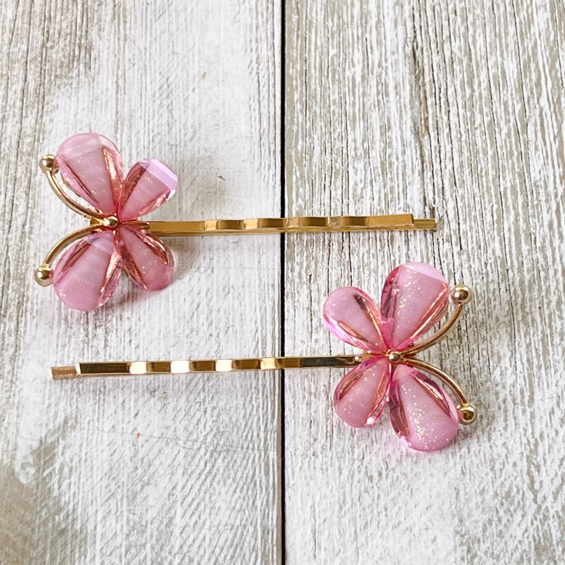 Pink Butterfly Hair Pins – Glittery Resin Hair Clips with Gold Base