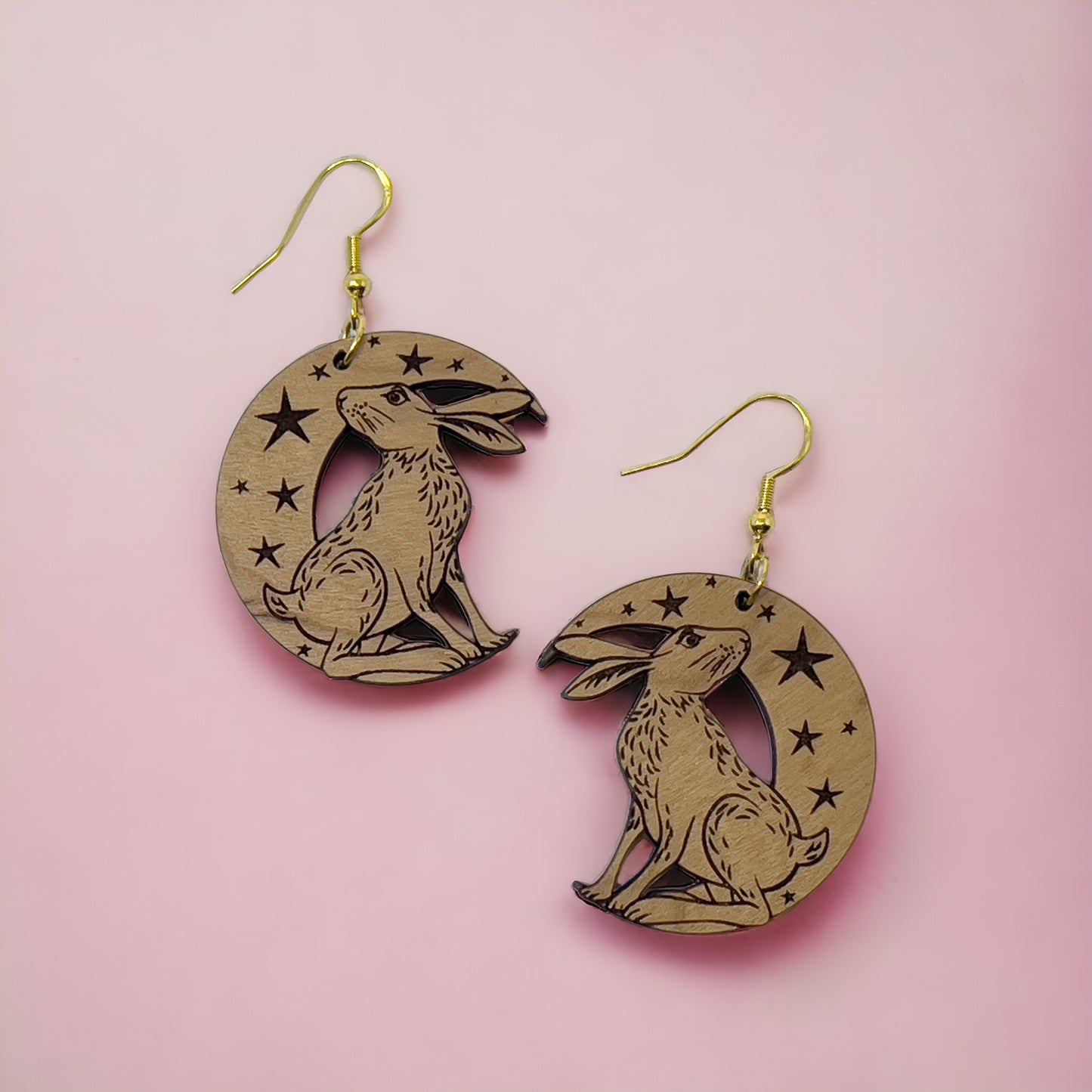 Moonlit Rabbit Earrings – Wooden Celestial Forest Jewelry with Gold Hooks