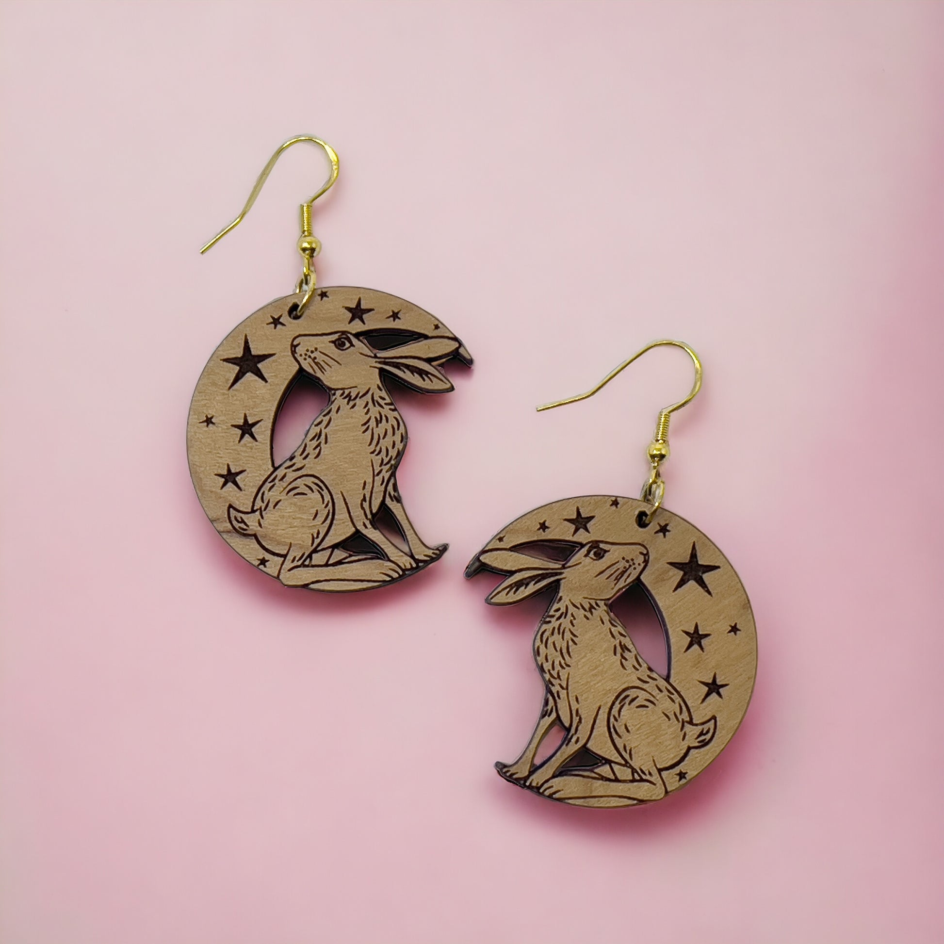 Moonlit Rabbit Earrings – Wooden Celestial Forest Jewelry with Gold Hooks