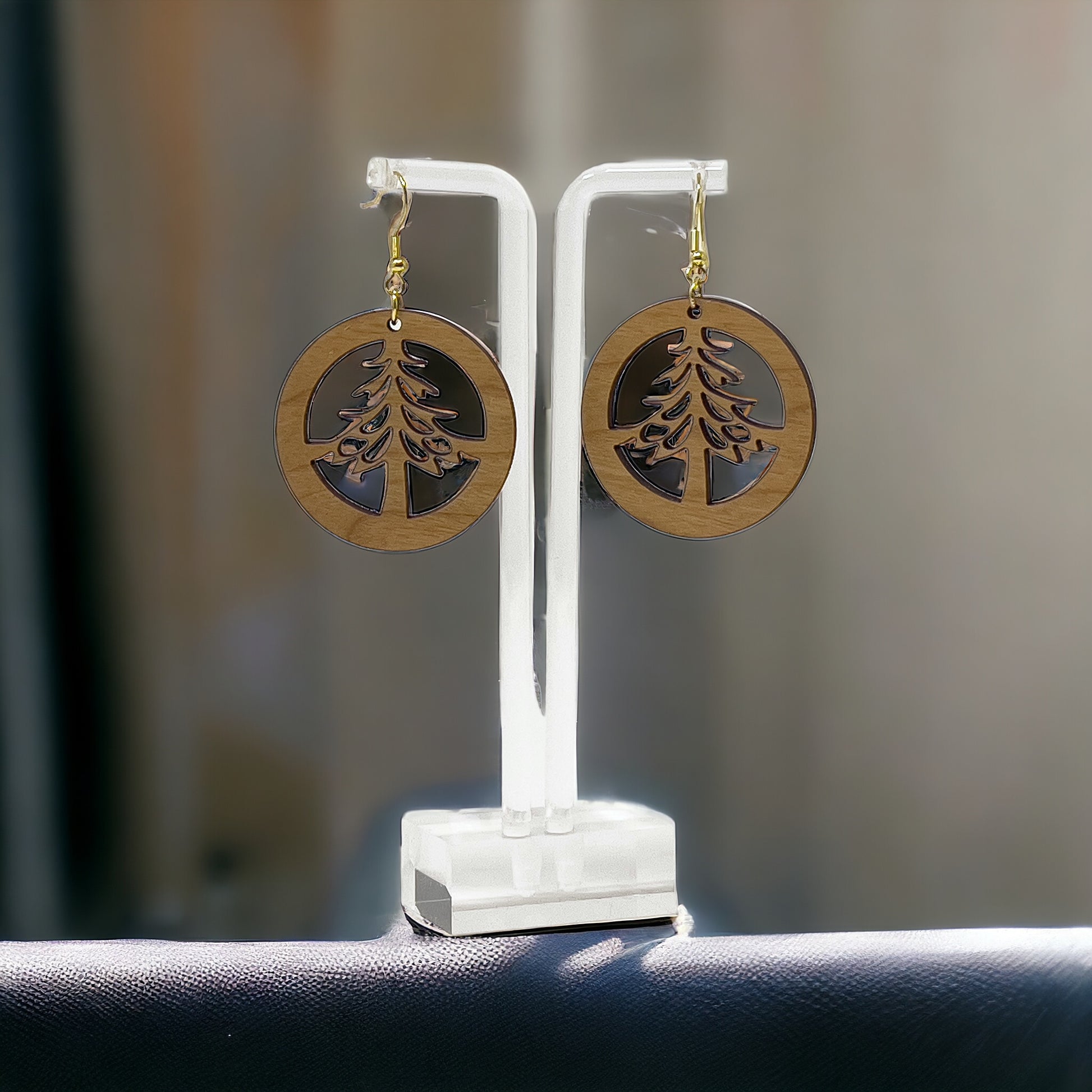 Circle Tree Cutout Earrings – Round Wooden Forest Holiday Jewelry