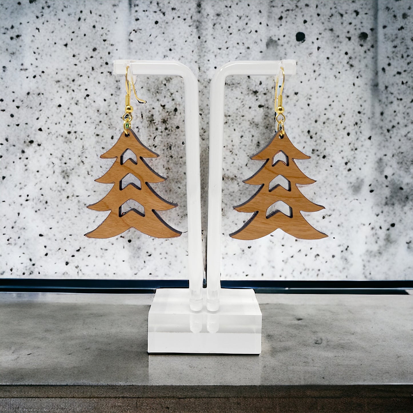 Rustic Tree Cutout Earrings – Wooden Christmas Tree Dangle Earrings