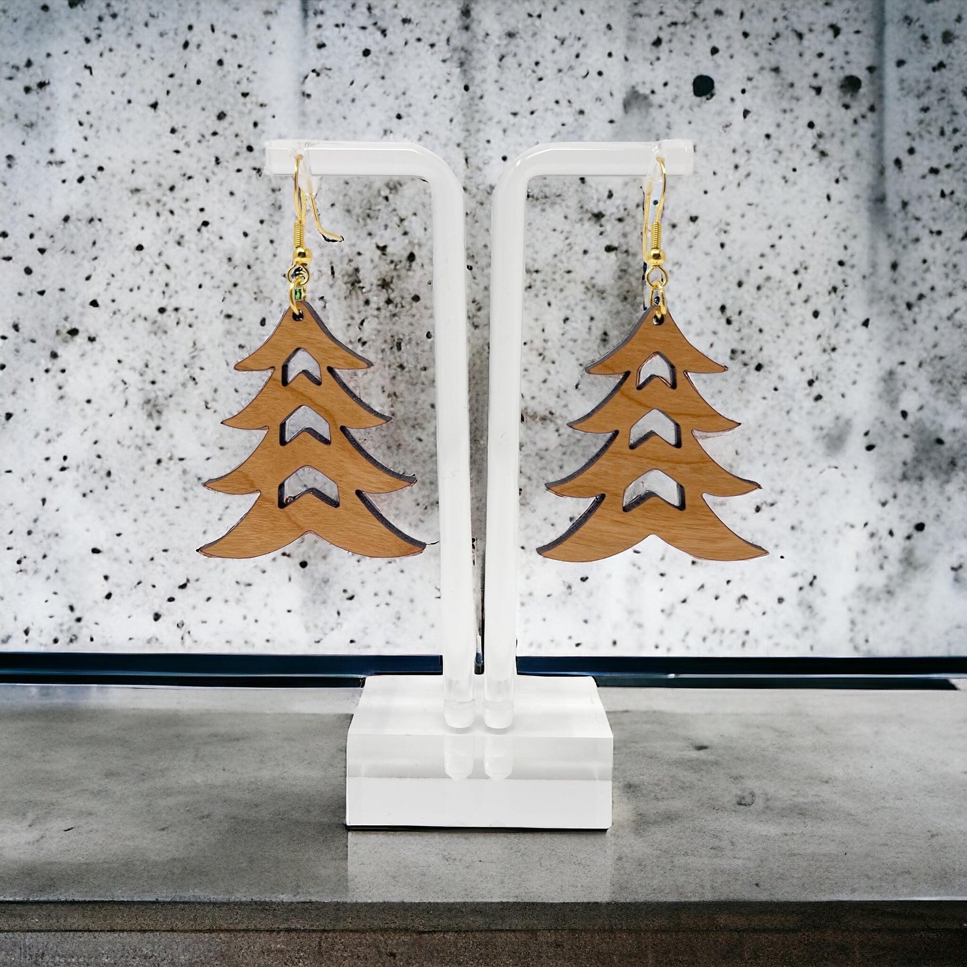 Rustic Tree Cutout Earrings – Wooden Christmas Tree Dangle Earrings