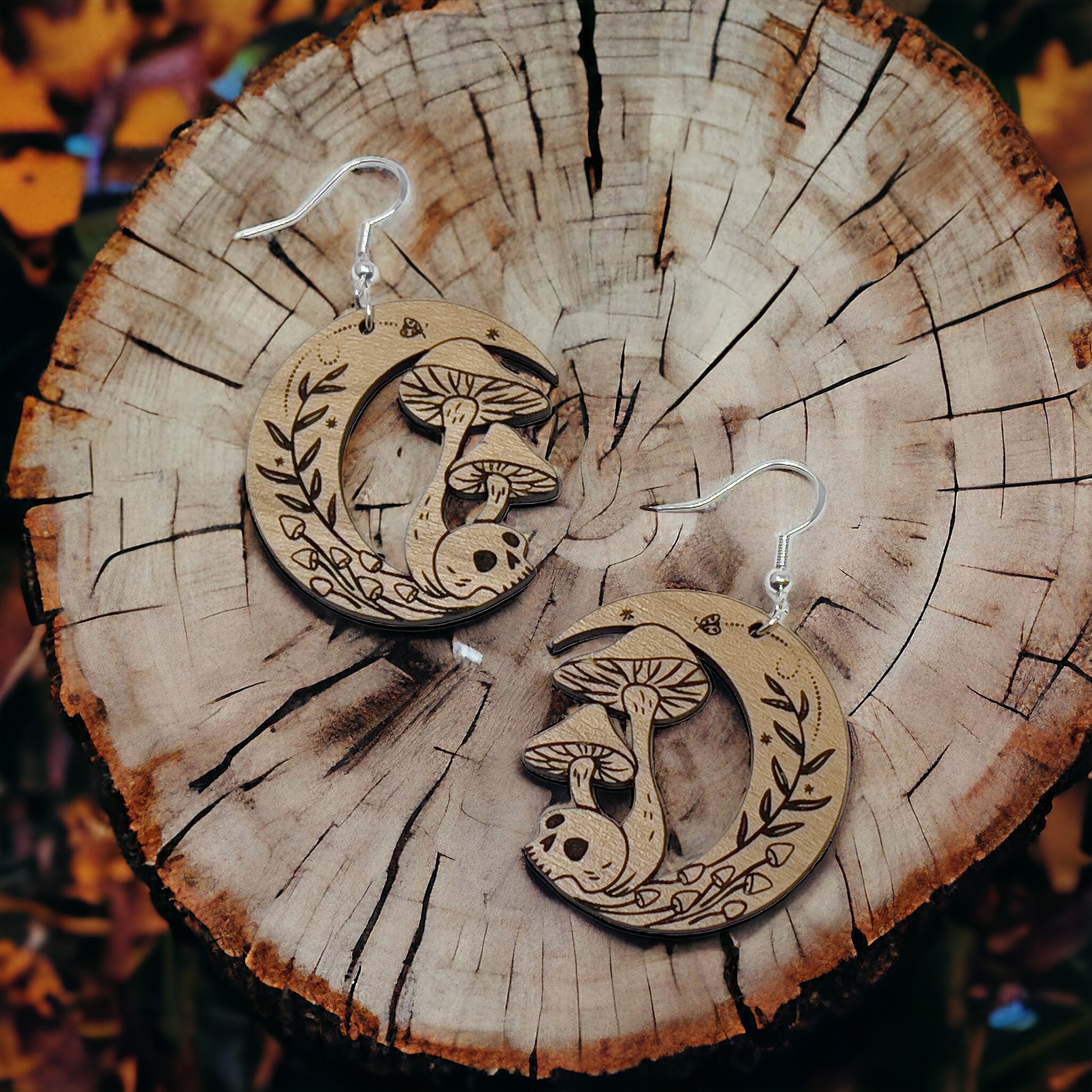 Mushroom Skull Moon Earrings – Woodland Whimsy Boho Statement Jewelry