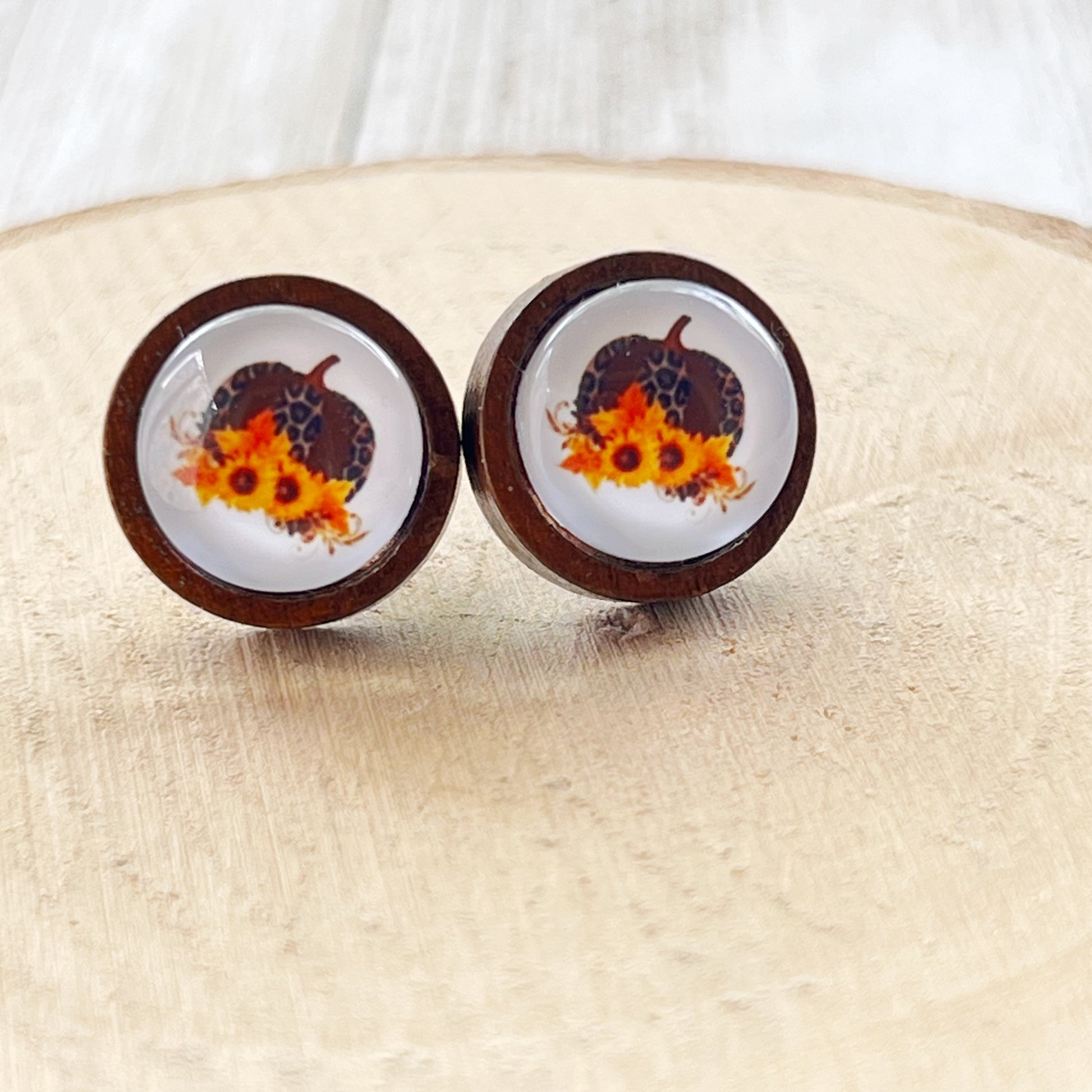 Leopard Pumpkin & Sunflower Stud Earrings – Rustic Fall Wooden Jewelry