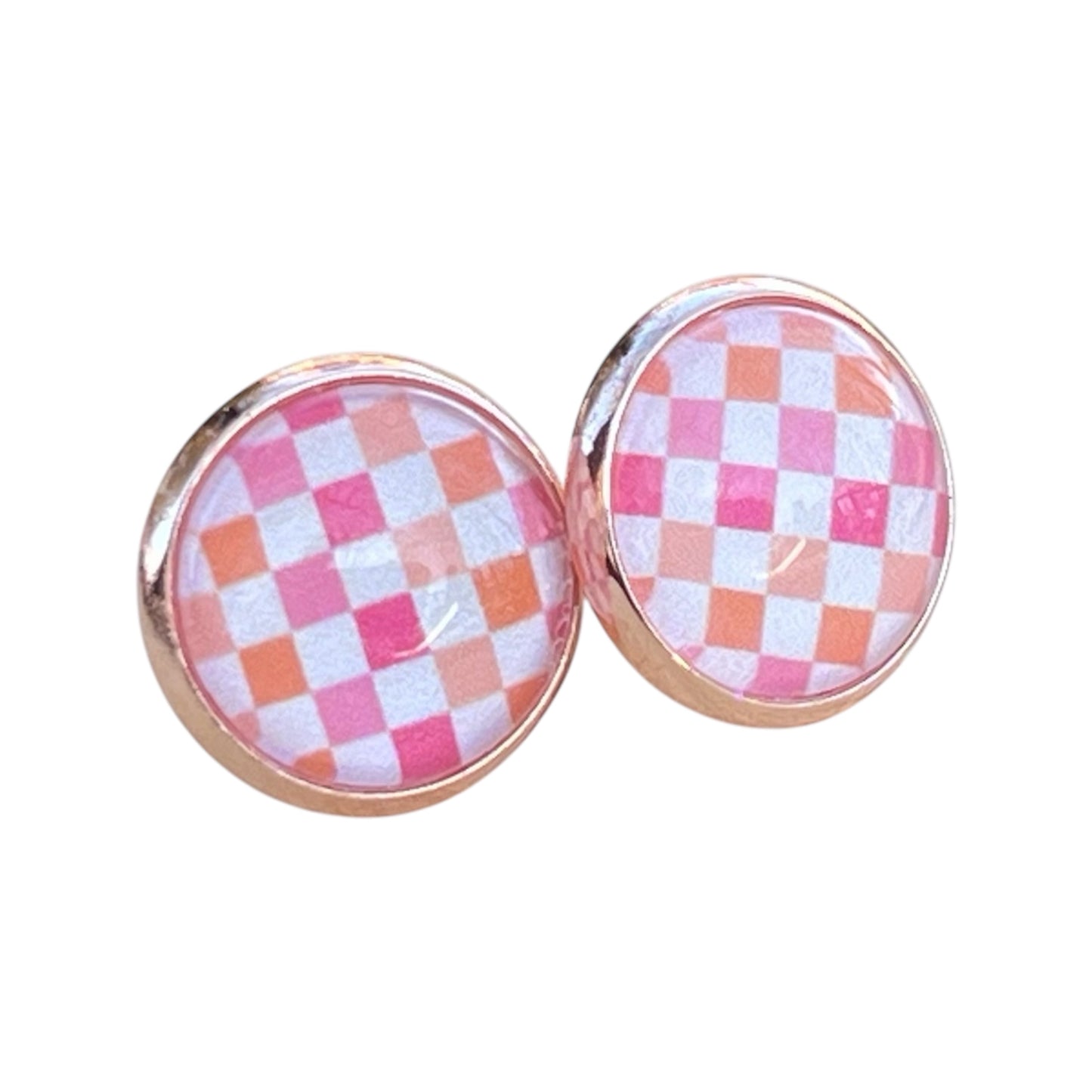Pink & Orange Gingham Stud Earrings – Handmade Spring Jewelry